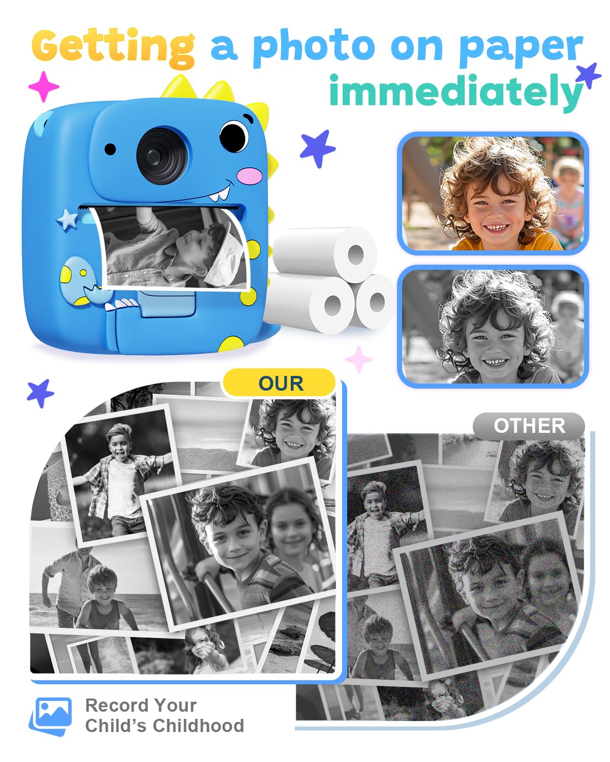 Kids Camera Instant Print, 1080P Kids Digital Camera,Boys Gifts Toys Age 3+