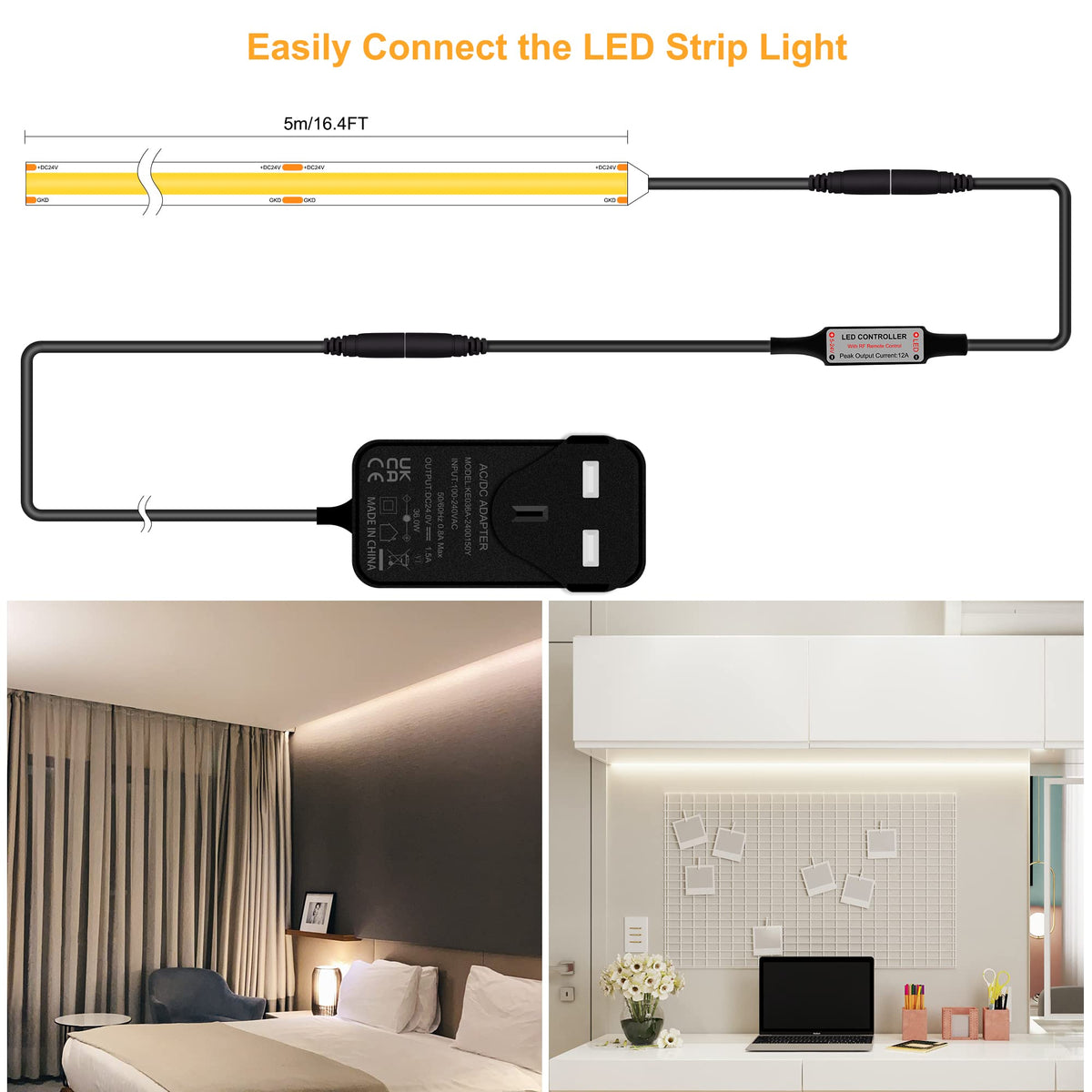 TTWAY COB LED Strip Lights 2700K, Dimmable LED Strip Kit, Super Bright 24V LED Tape Lights CRI90+ with RF Remote and UKCA Power Supply for DIY Home Decoration, 5M, 2400LEDs, Warm White.