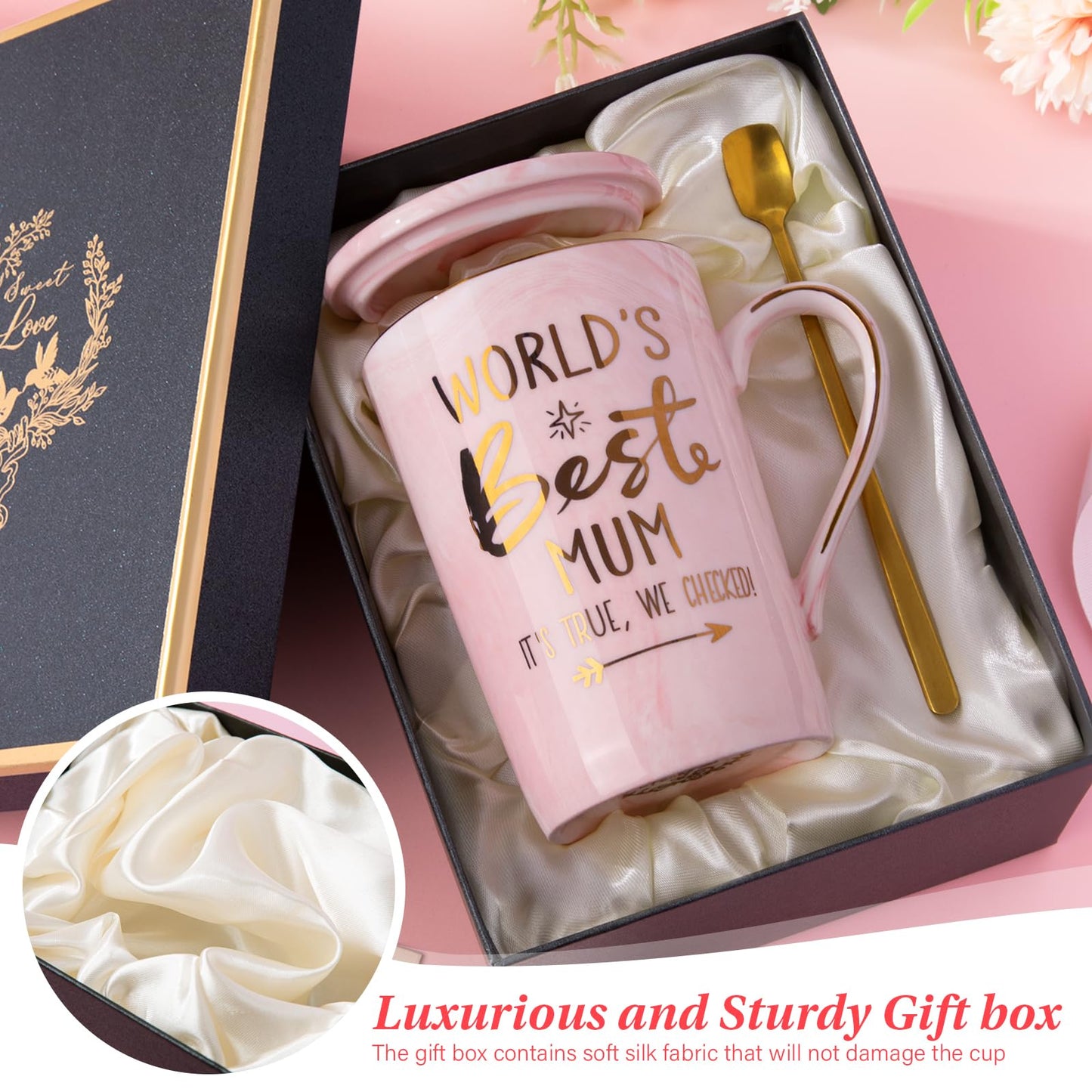 Unique Teacher Appreciation Gifts for Women - Best Teacher Gifts for Teachers, 14oz Pink Marble Ceramic Coffee Mug Printed with Gold, Retirement Birthday Graduation Ideas, End of The Year, Gift Boxed