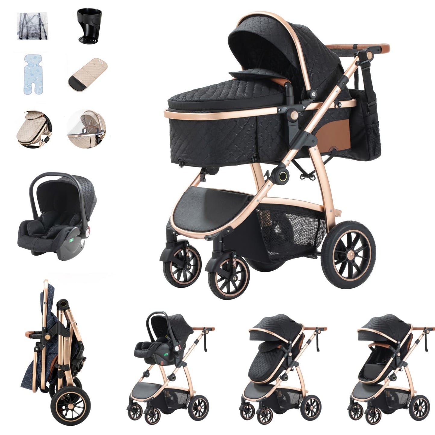 Zkipm Baby Pram 3 in 1, Foldable Baby Stroller,Pram Set Travel with Adjustable-Height Push Handle, Present Rain Cover, Mosquito Net, Bag, Cooling Mat, ect for Ages 0–3