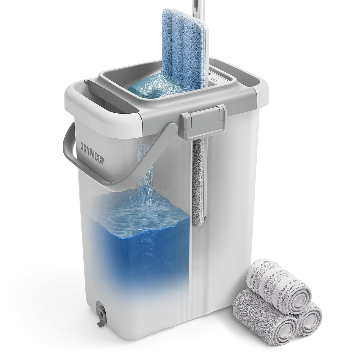 JOYMOOP Mop and Bucket with Wringer Set, Hands Free Flat Floor Mop and Bucket, with 3 Washable Microfiber Pads, Wet and Dry Use, Floor Cleaning System