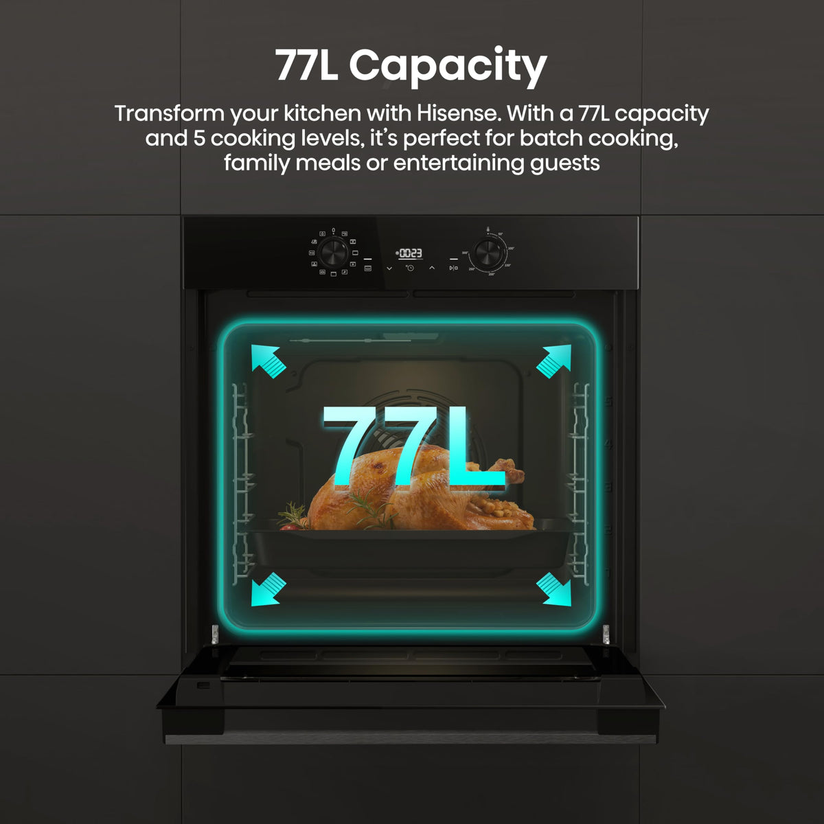 Hisense BI62020ABGUK - Built-in 60L Electric Single Oven - Black - 530x595x595 mm (DxWxH) - A Rated, Extra Large