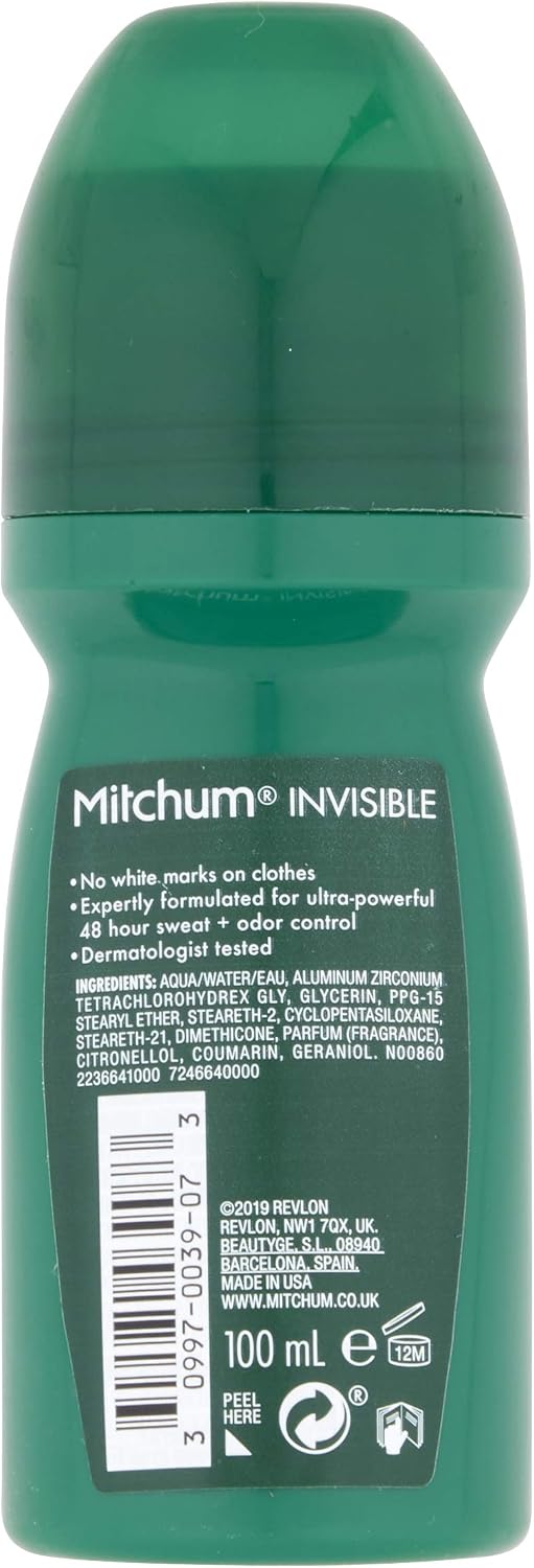 Mitchum Invisible Men 48HR Protection Roll On Anti-Perspirant & Deodorant, No White Marks, Alcohol Free, Pure Energy 100 ml 7246640000 - Packaging May Vary