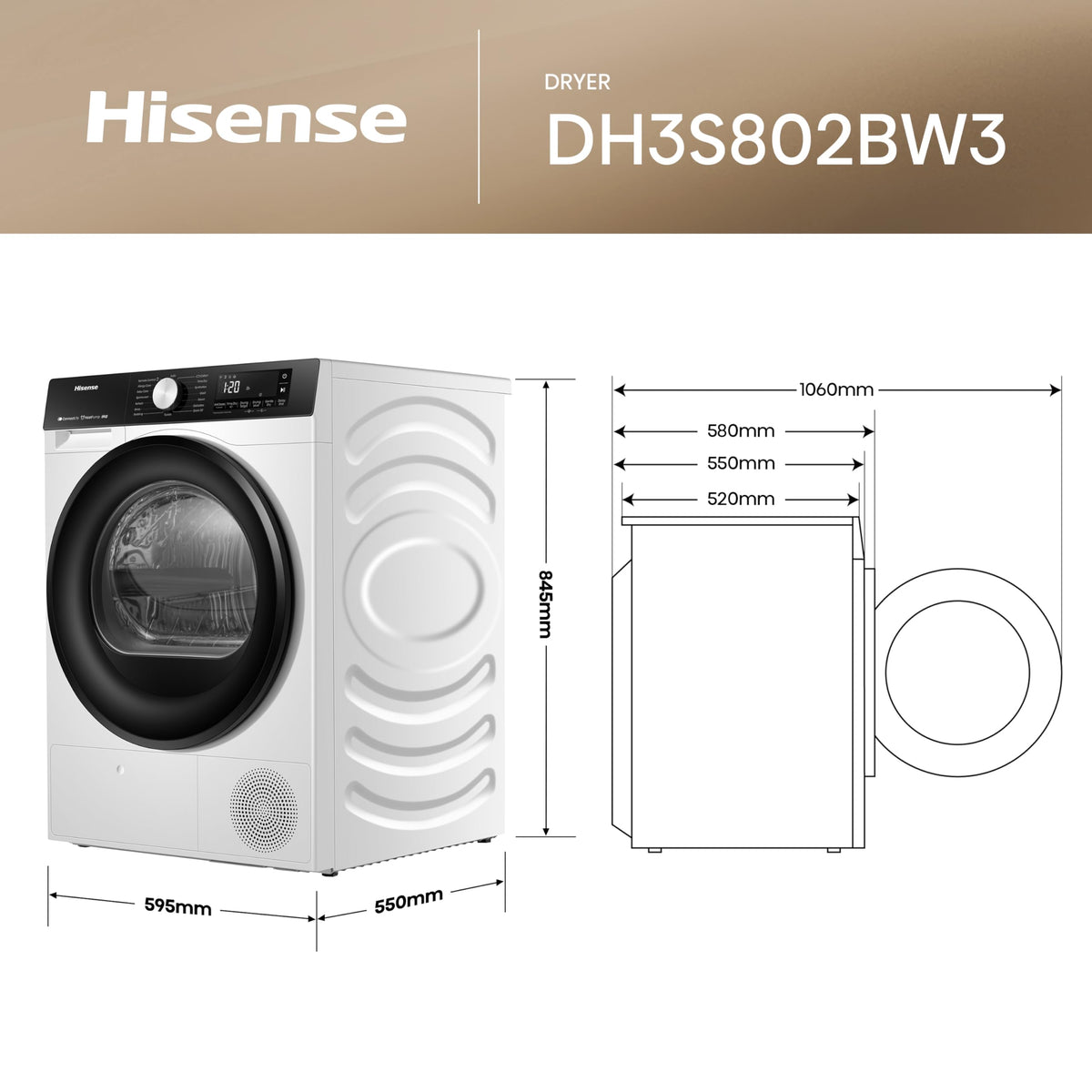 Hisense DH1Q802BW2 60cm Freestanding 8 KG Heatpump Front Load Tumble Dryer, 16 Programmes, Auto Dry, Steam Refresh, Allergy Care - White
