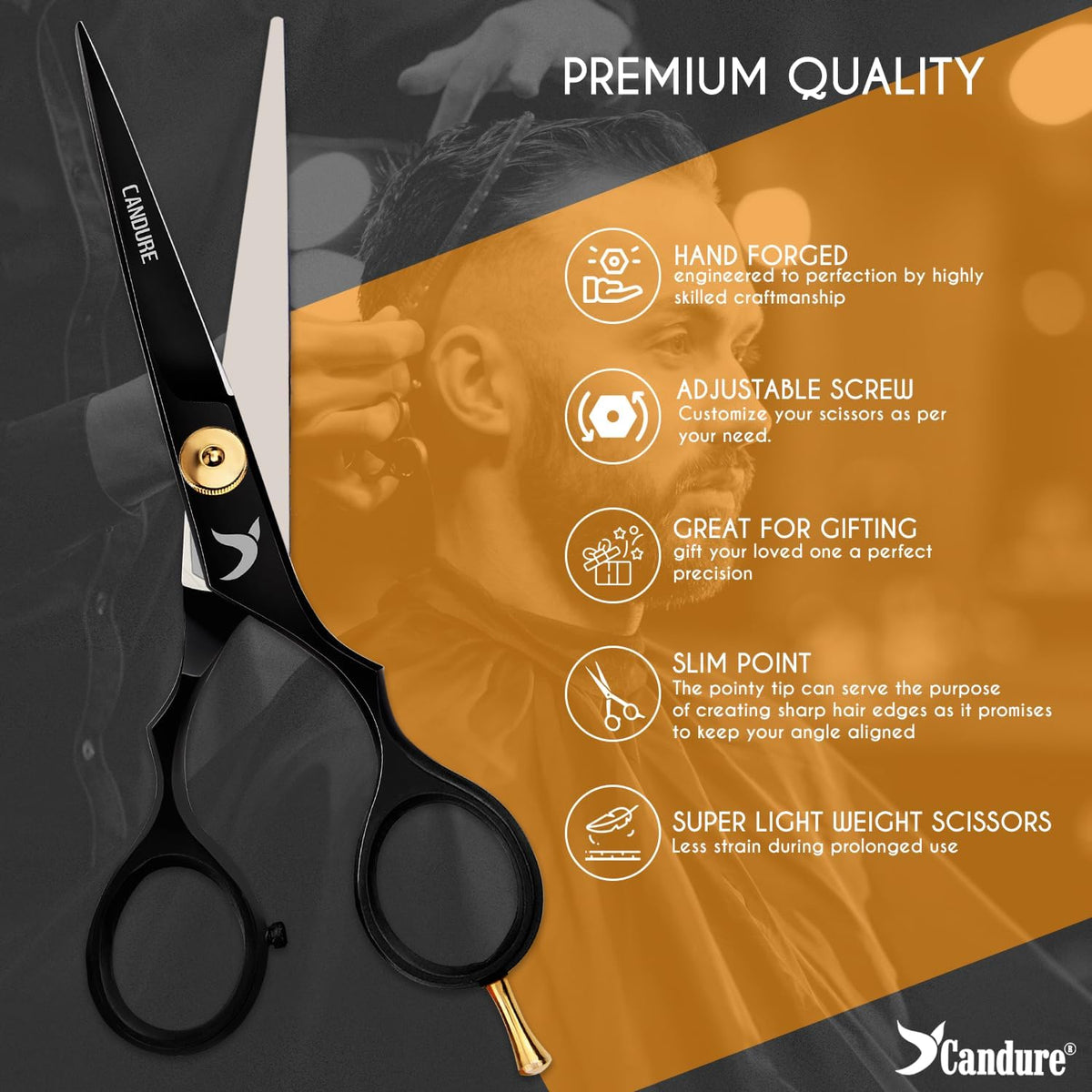 Candure Hairdressing Scissor with Comb & Leather Pouch 6.5" - Hair Scissor for Professional Hairdressers, Barbers Stainless Steel Hair Cutting Shears for Salon, Men, Women, Children and Adults Black
