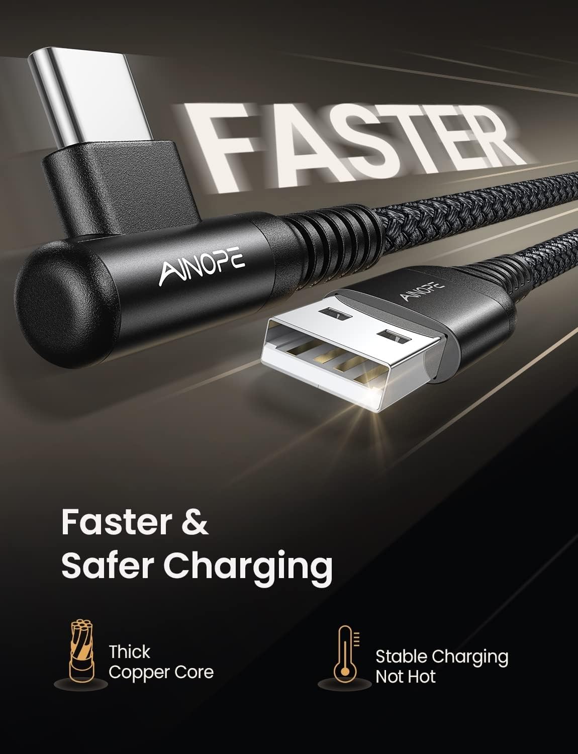AINOPE USB C Charger Cable,(2Pack 2M) 3.1A Right Angle USB to USB C Cable
