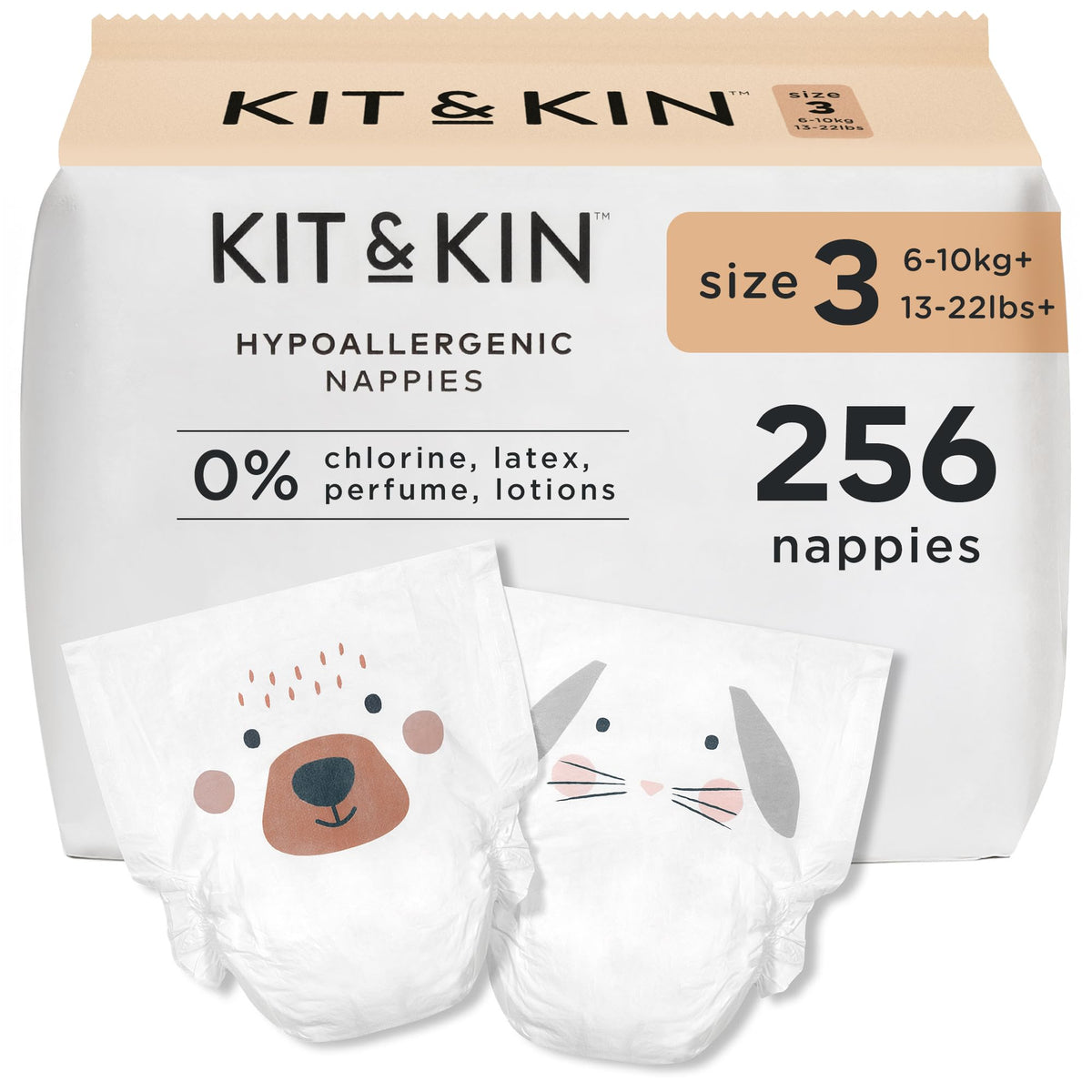 Kit & Kin Premium Baby Nappies Size 4 | 9-14 kgs / 20-31 lbs | Pack of 256 Nappies | Plant-Based Materials On Baby's Skin | Hypoallergenic | Superior up to 12 Hour Leak Protection