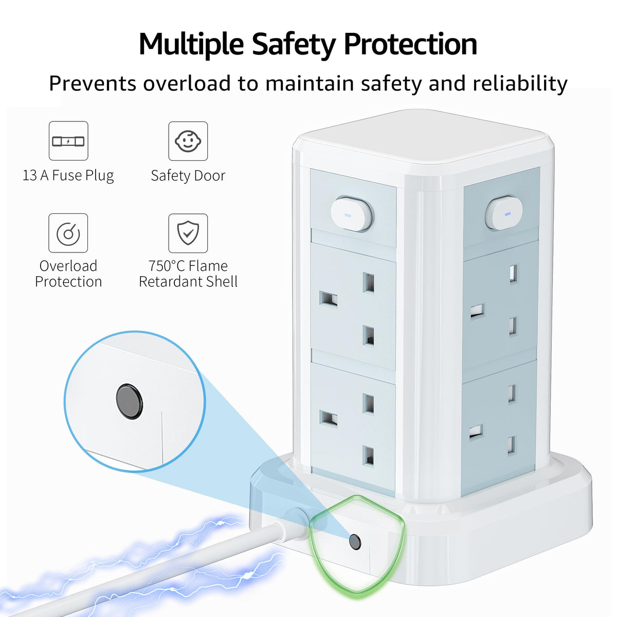 6M Tower Extension Cord with 6 USB Slots, Toomke 8 Way Extension Sockets with 3 USB A and 3 USB C, Tower Plug Extension with 4 Independent Switches 13A 3250W