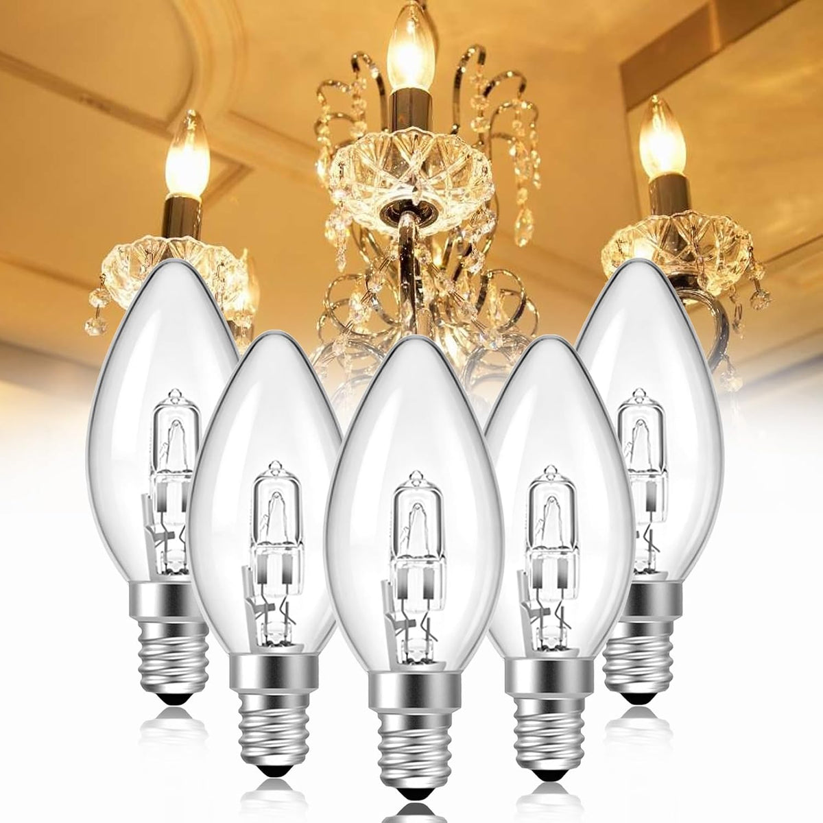 Caldarax E14 Candle Light Bulbs Dimmable, 650LM Warm White 2700K, 230V Clear Glass SES Small Edison Screw Decorative Lamps E14 for Chandelier, Wall Lights, Table Lamps, Pack of 5