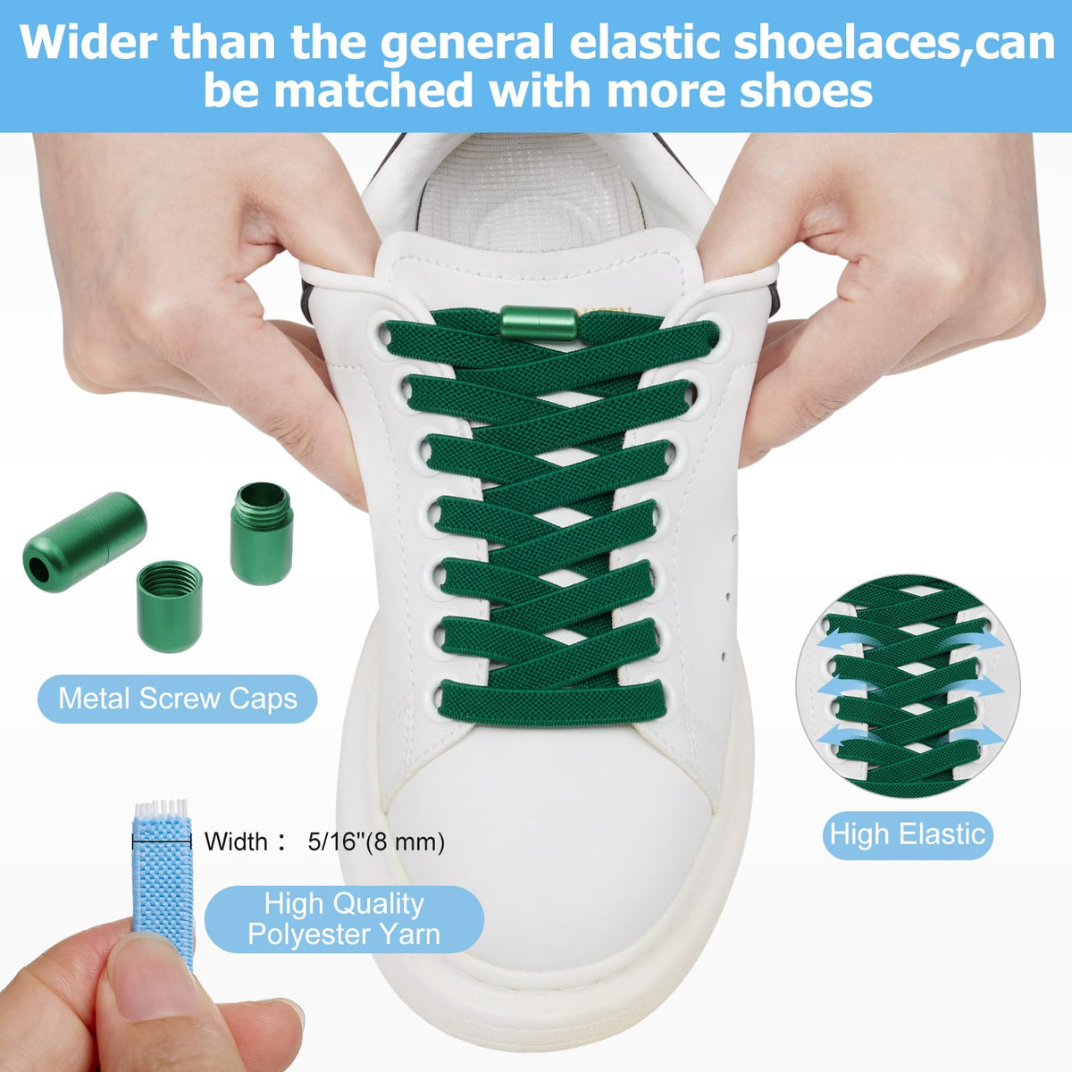 2 Pairs Elastic Shoe Laces for Trainers, 8mm Shoelace
