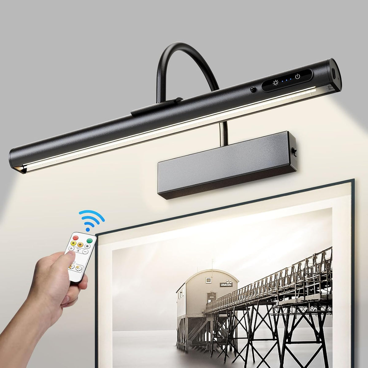 HARPER LIVING Rechargeable Picture Light with Remote, Dimmable and 3 Colour Temps, Battery Operated Wall Light with Timer & Memory, LED Display Lamp for Dartboard Pictures Frame Gallery-Black