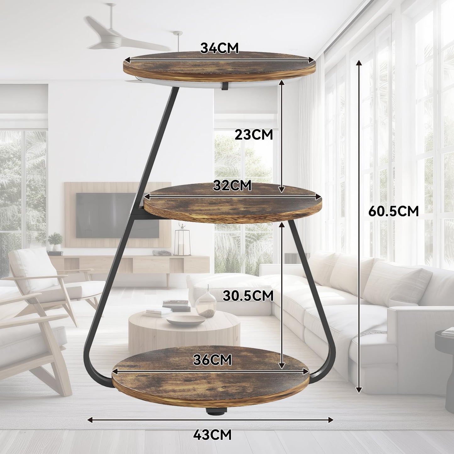 ARTETHYS Side Table, Small Round Coffee Table with 3 Color LED Lights, End Table with 3 Tier Storage Shelves, Bedside Sofa Side Tables for Living Room Bedroom, Rustic Brown