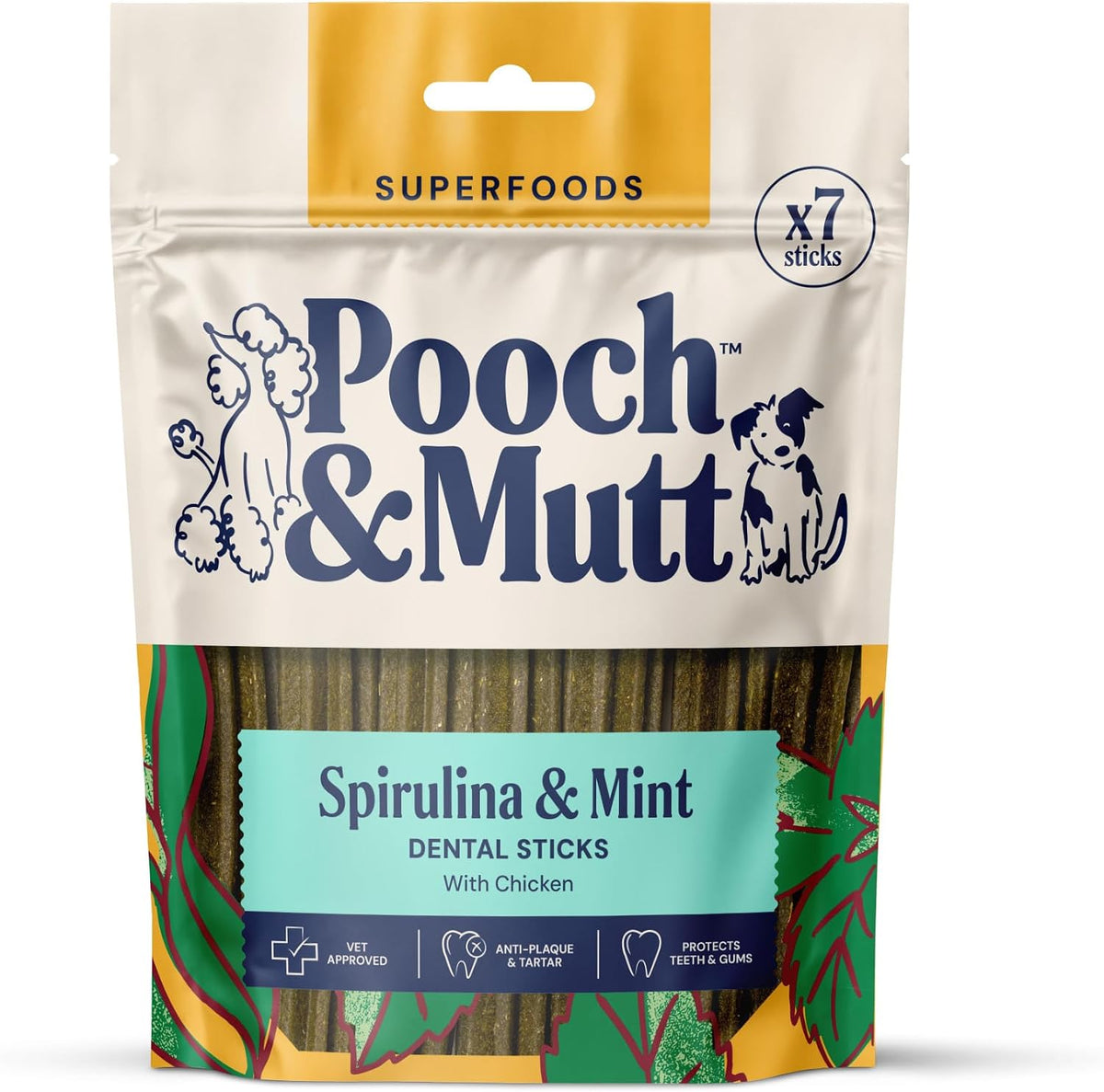 Pooch & Mutt - Superfood Dog Dental Sticks, Spirulina & Mint, 7 sticks