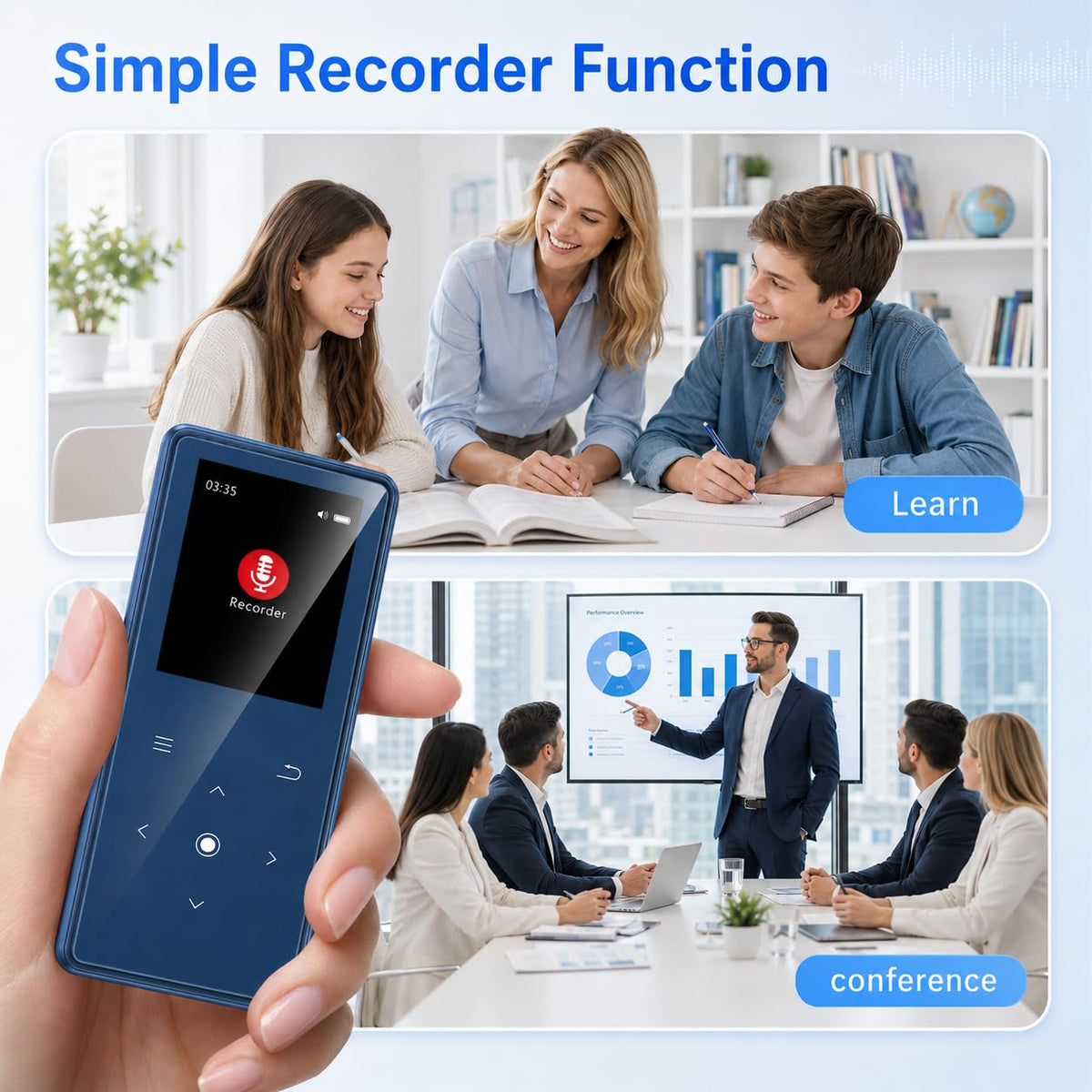 64GB MP3 Player with Bluetooth 5.2, AiMoonsa Music Player with Built-in HD Speaker, FM Radio, Voice Recorder, HiFi Sound, E-Book Function, Earphones Included