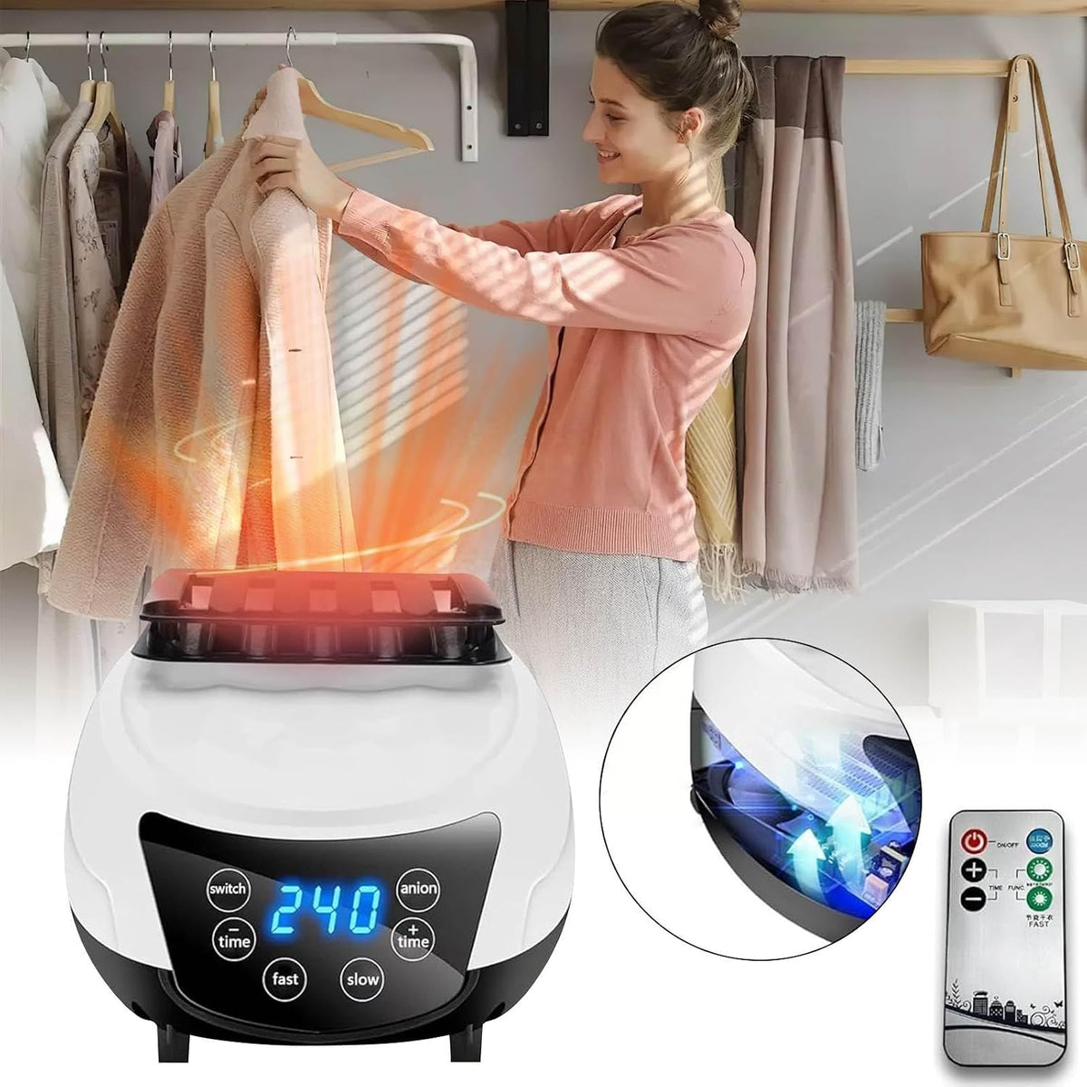 1500W Portable Electric Clothes Dryer with Remote Control,Energy-Efficient Heated Clothes Drying,Four Levels Adjustable Timer Cloth Drying Silent,House Laundry,Negative Ion Purification (White)