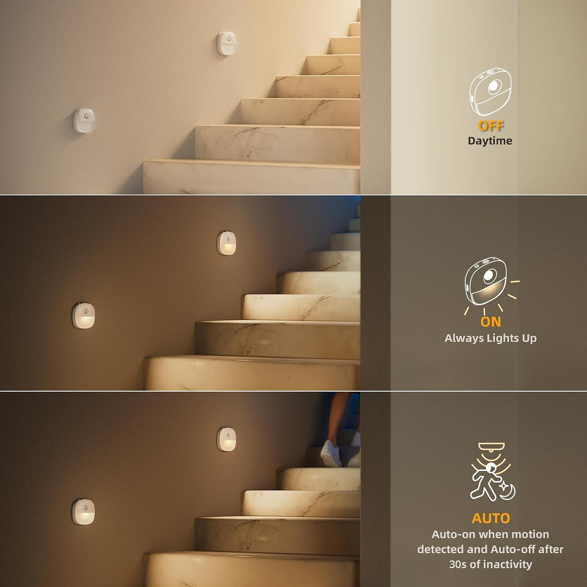 Lyridz Motion Sensor Night Lights (3 Pack), USB Rechargeable Night Light, Motion Sensor Lights Indoor ON/Off/AUTO Modes with Removable Magnetic Stick on Cupboard, Stair, Hallway, Bedroom (Warm White)