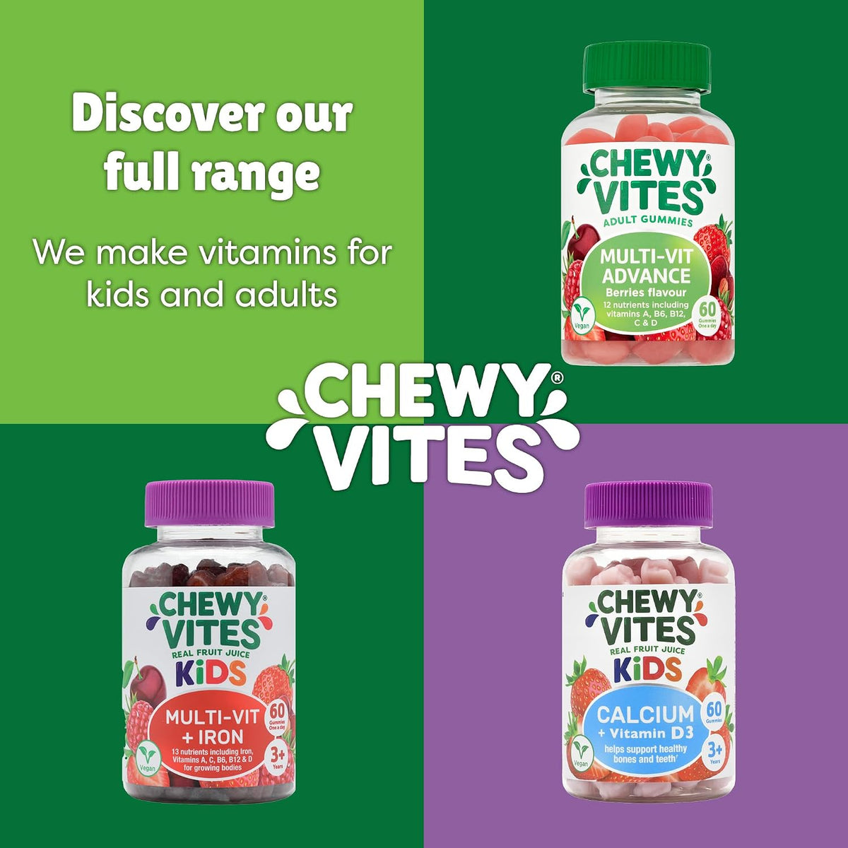 Chewy Vites Kids Multivitamin Advance, 60 Kids Vitamins Gummies, 11 Essential Nutrients, 2 Months Supply, Real Fruit Juice, Vegan, Age 3 +, Blueberry and Raspberry Flavour