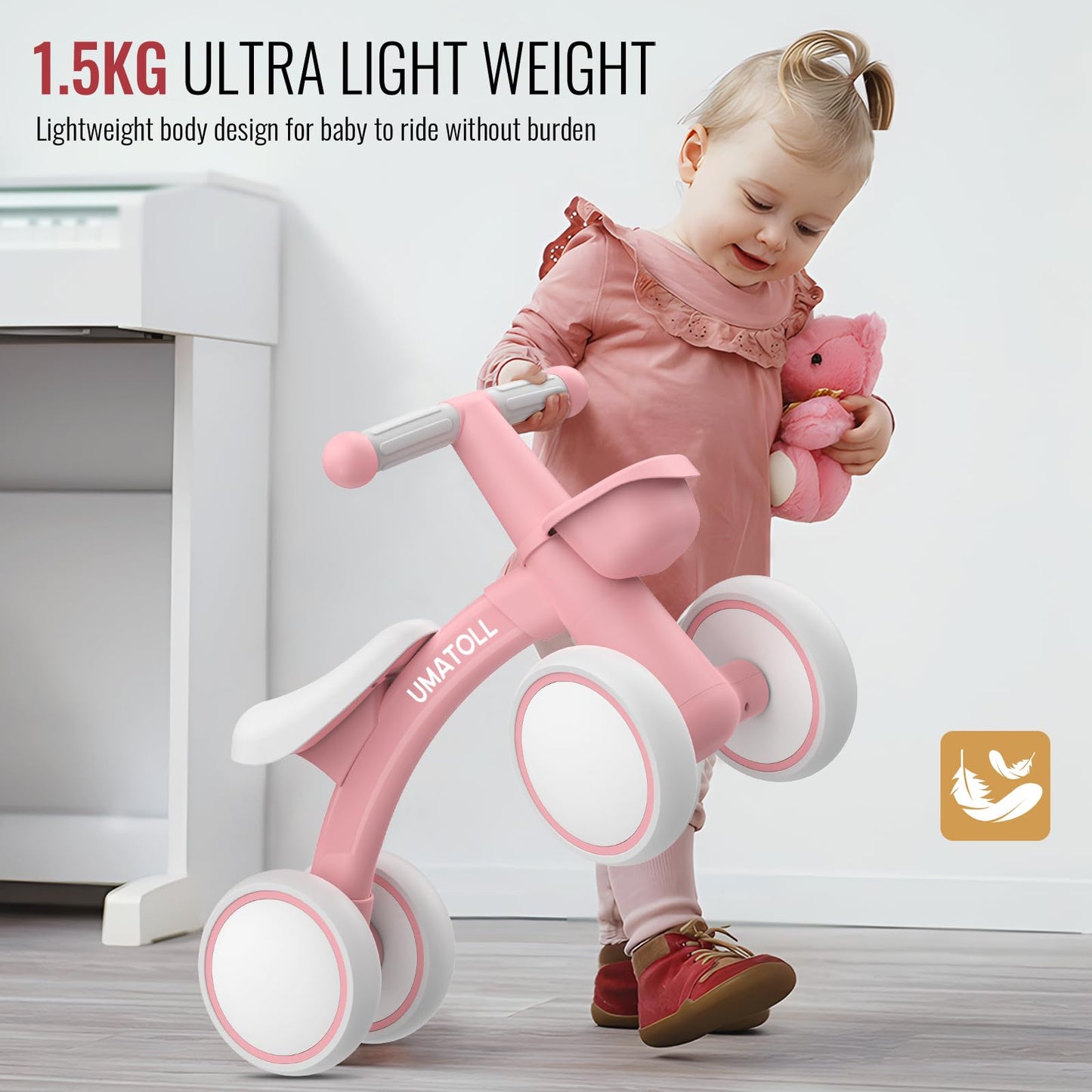 Umatoll Baby Balance Bike for 1 Year Old Boys Girls, 12-24 Months Toddler Balance Bike with Removable Basket, Adjustable Seat, 4 Wheels Infant Bike, First Birthday Gift