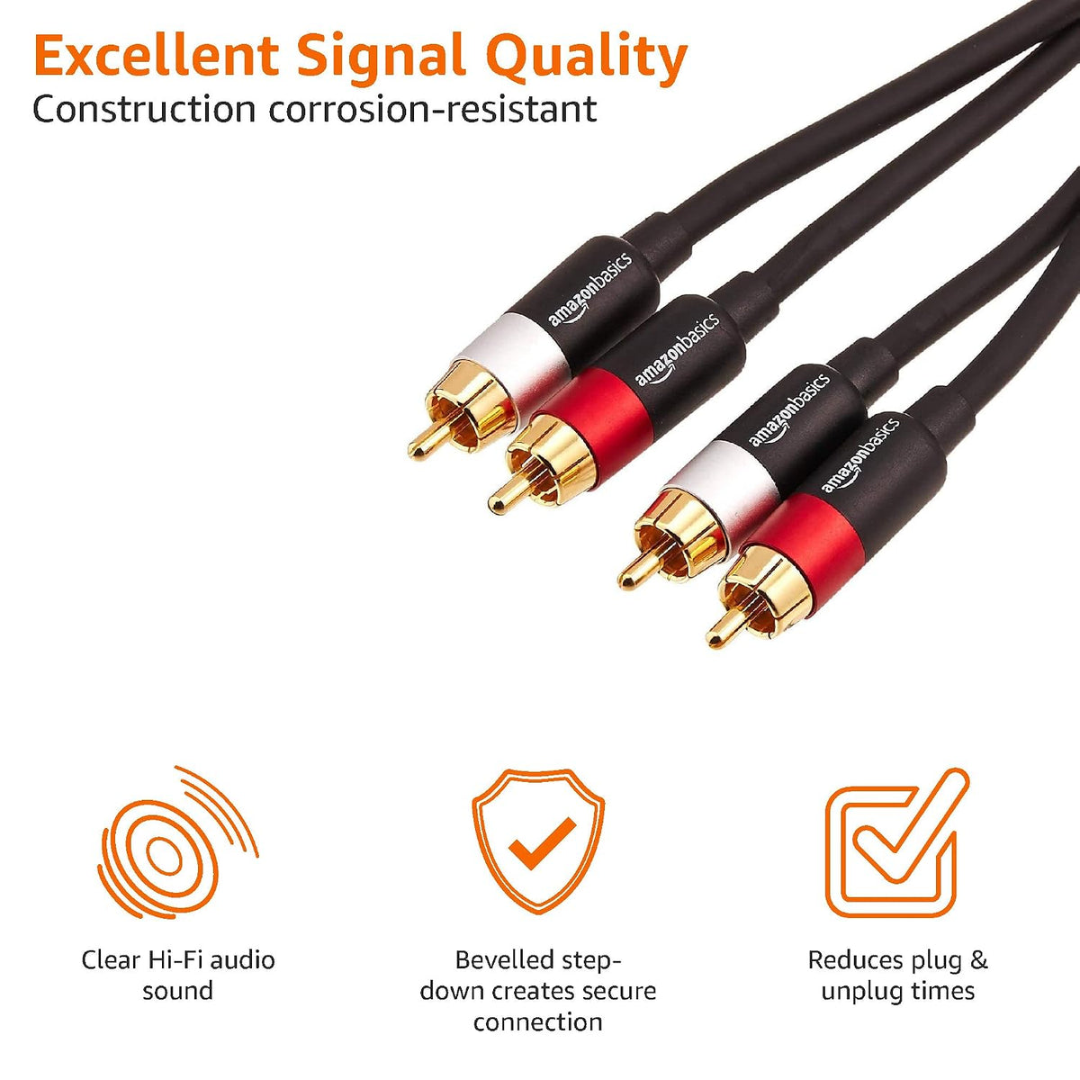 Amazon Basics 2 RCA Audio Cable for Amplifier,Active Speakers or Subwoofer with Gold-Plated Plugs, 4.6 m, Black