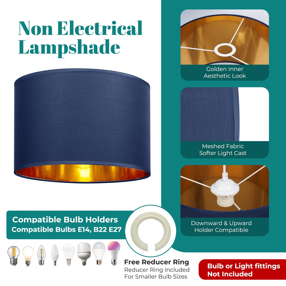 GIGGI Fabric Lamp Shades with Golden Inner Light Shade Ceiling – Modern Lampshades for Ceiling Lights, Lamp Shades for Table Lamps, Floor Lamps, Living Room, Bedroom, Home Décor (Green, 12")
