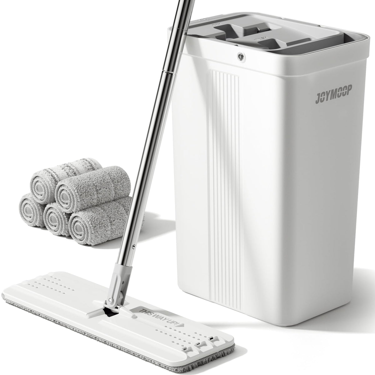 JOYMOOP Mop and Bucket with Wringer Set, Hands Free Flat Floor Mop and Bucket, with 3 Washable Microfiber Pads, Wet and Dry Use, Floor Cleaning System