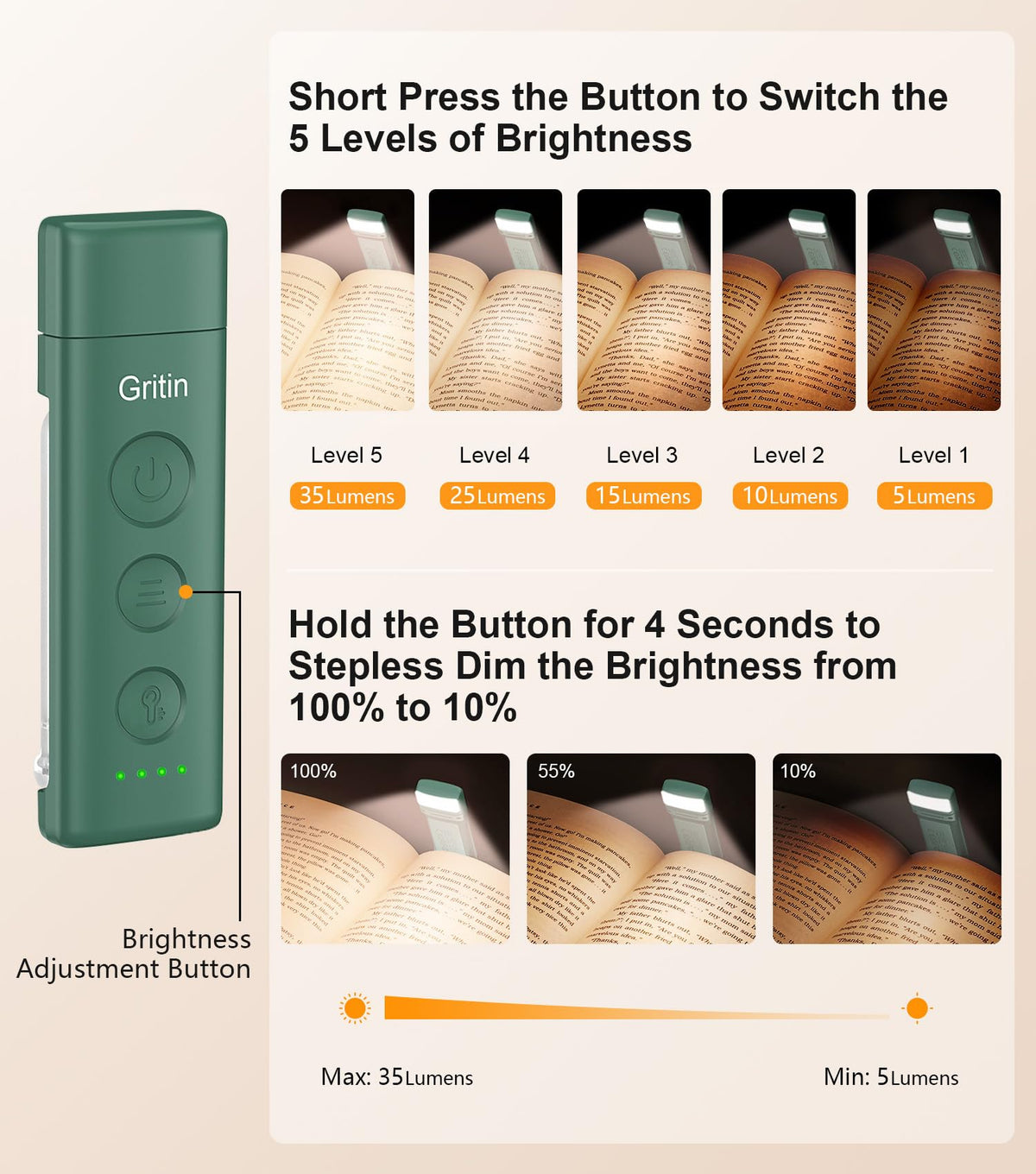 Gritin Book Light Rechargeable, Reading Light Lamp Clip on Book for Reading