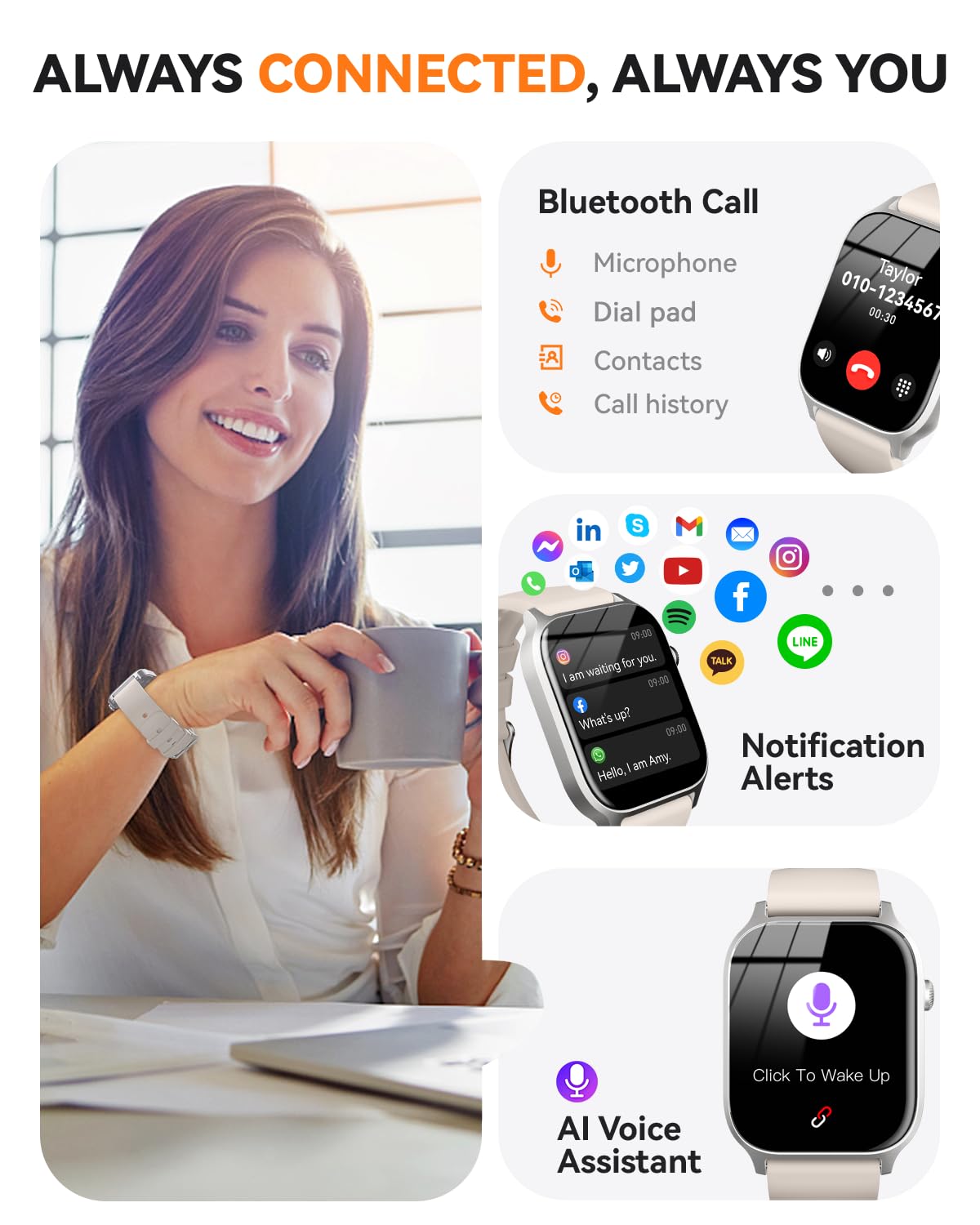 Smart Watch for Men Women- Answer/Make Call, 2024 IP68 Waterproof Fitness Tracker Watch with Sleep Step Counter Activity Smartwatch for Samsung Android iPhone iOS (Black-Blue, 1.83)
