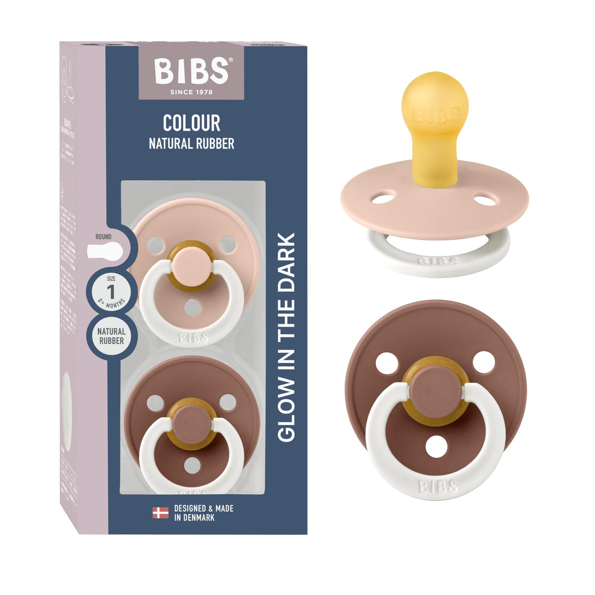 BIBS Colour Soother 2-Pack, BPA Free Dummy Pacifier, Round Nipple. Natural Rubber Latex, Made in Denmark, Size 2 (6-18 Months), Baby Blue