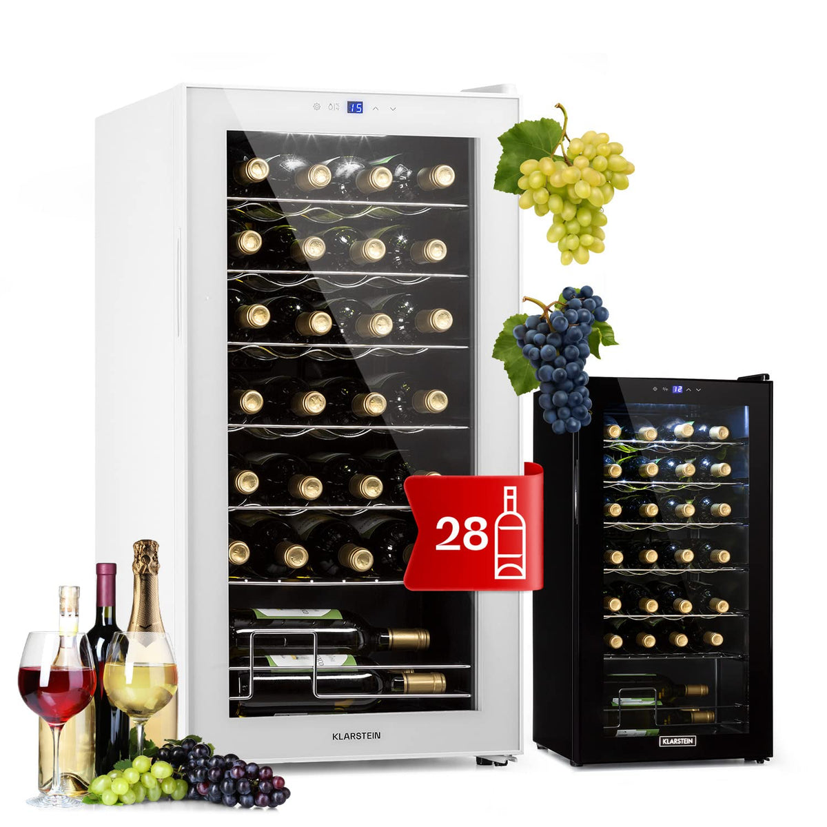 KLARSTEIN Shiraz Wine Cooler Black – 8 Bottles, 1 Zone | Freestanding Wine Fridge with Glass Door, Quiet, 5–18 °C, LED, Stainless Steel Frame