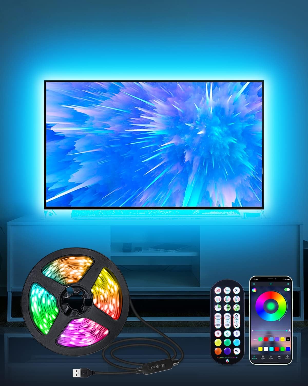 Daymeet TV Led Lights, 4M TV Led Backlight for Lights USB Powered RGBIC Light Strip for 55-75 inch Monitor Behind Lighting with Remote Music Sync Bluetooth APP Control