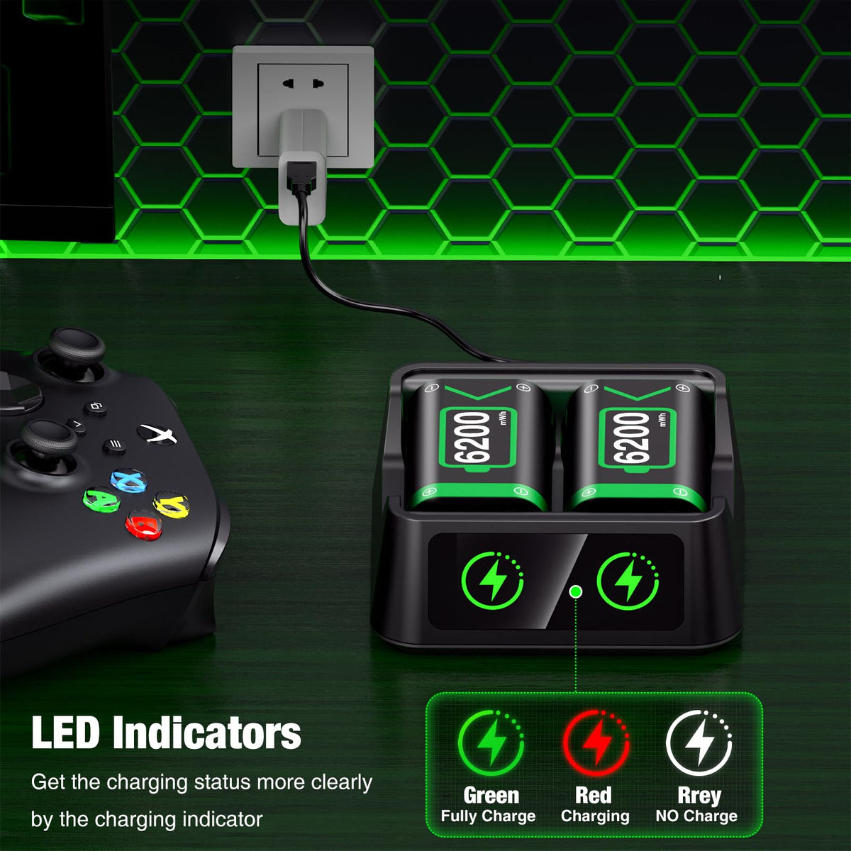 Rechargeable Battery Pack for Xbox One/Series Controller, 4x6200mWh Battery Pack with Charger/Cooling RGB/25H Playtime, Compatible with Xbox One/S/X/Elite 1, Series S/X Controller