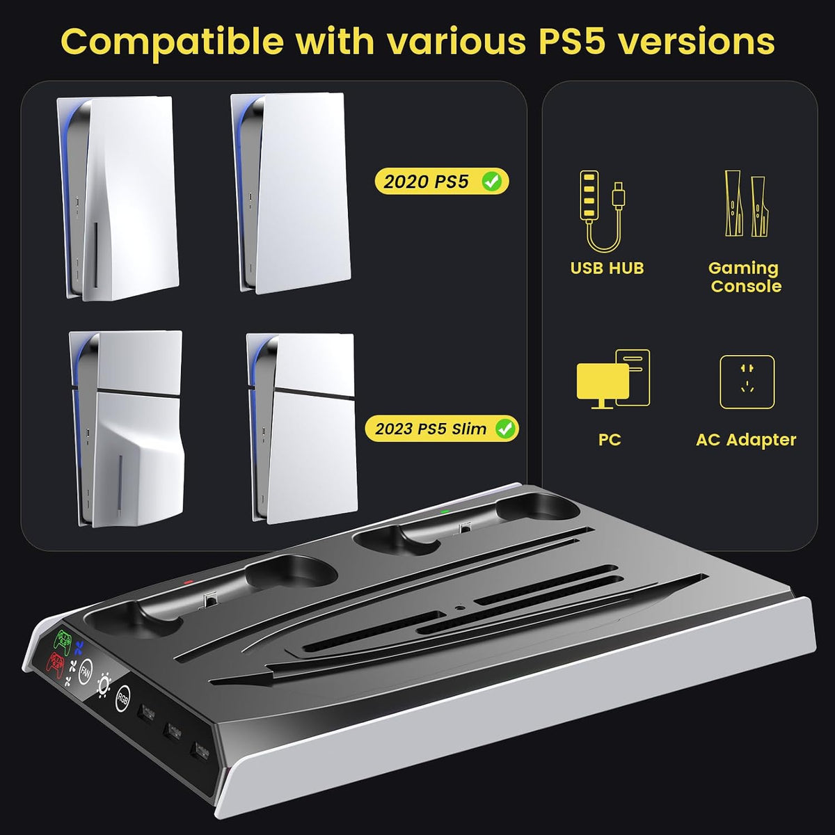 Fenolical PS5/Slim/Pro Stand with Adjustable Cooling Fan, Vertical PS5 Cooling Charger Stand for PS5/Slim/Pro, Multifunctional PS5 Slim Cooling Station with Dual Controller Chargers and RGB Light
