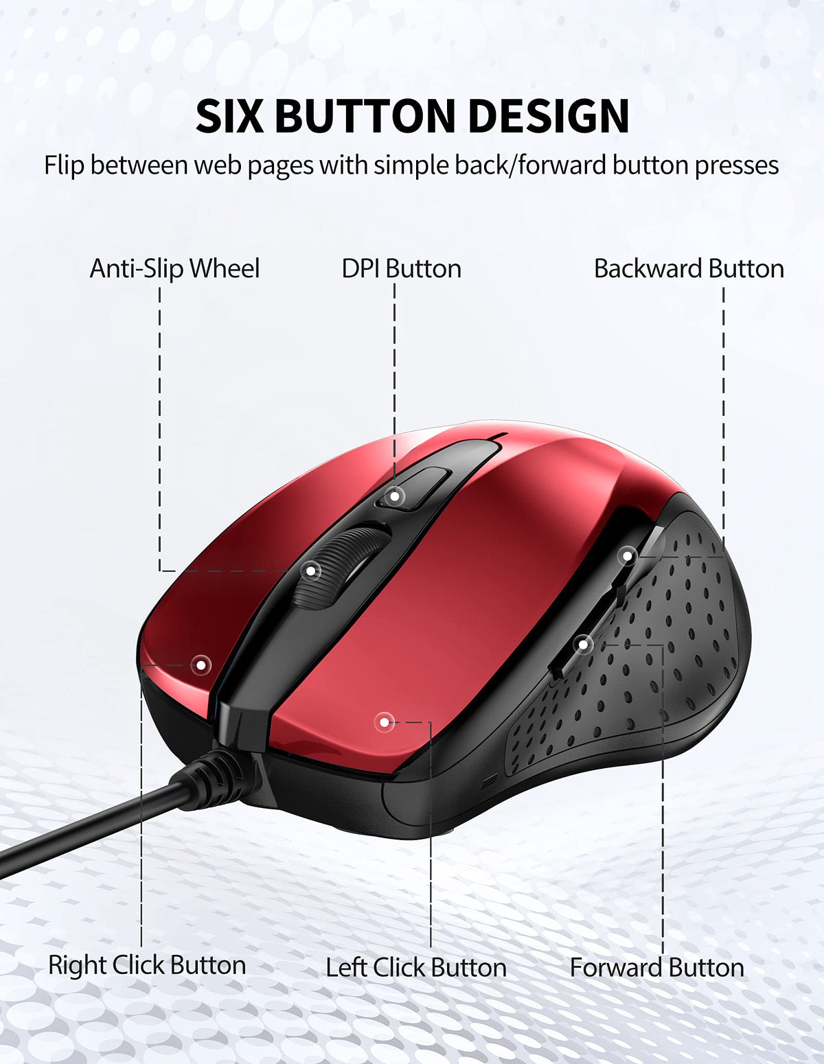 TECKNET USB Wired Mouse, 6400 DPI Mice 4 Adjustable DPI with 6-Button Corded, Optical Computer Mouse with Ergonomic Design for Laptop, Chromebook, PC, Desktop, Mac, Notebook