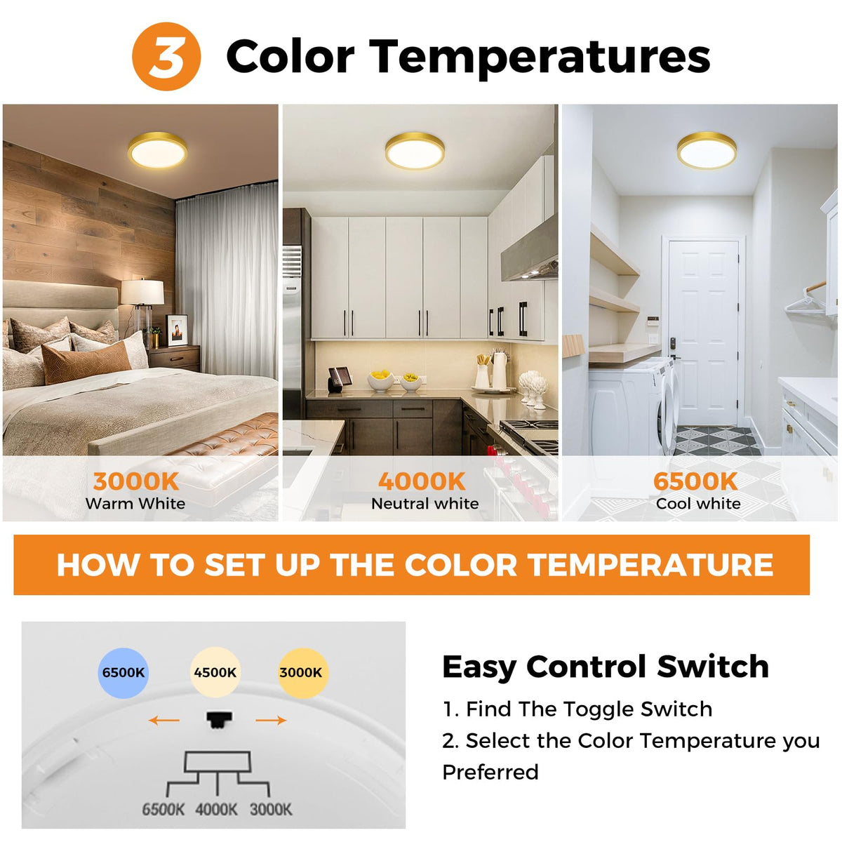 slochi Bathroom Light, 3000K/4000K/6500K 3 Color Temperature, Waterproof, Round, Modern, Flush Ceiling Light for Bathroom, Kitchen, Bedroom, Hallway and MoreØ18CM(Gold)
