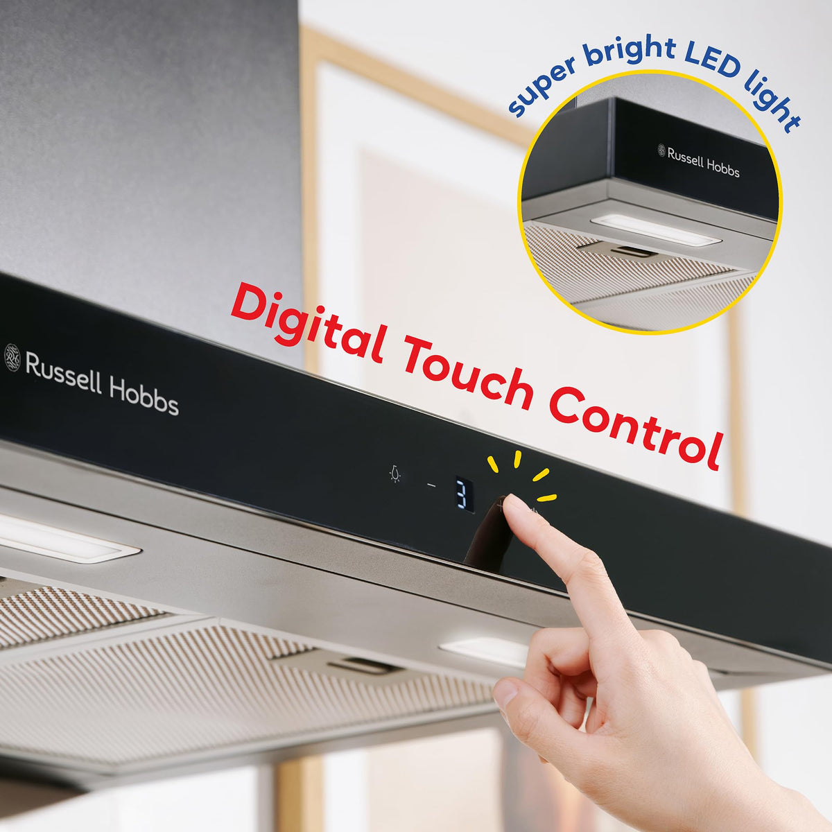 Russell Hobbs 90cm T-Shaped Cooker Hood in Stainless Steel with 3 Speed Settings, 3x Washable Aluminium Filters, Extraction or Recirculation, Boost Function, LED Lights A++ Energy Rating, RHGCH903SS