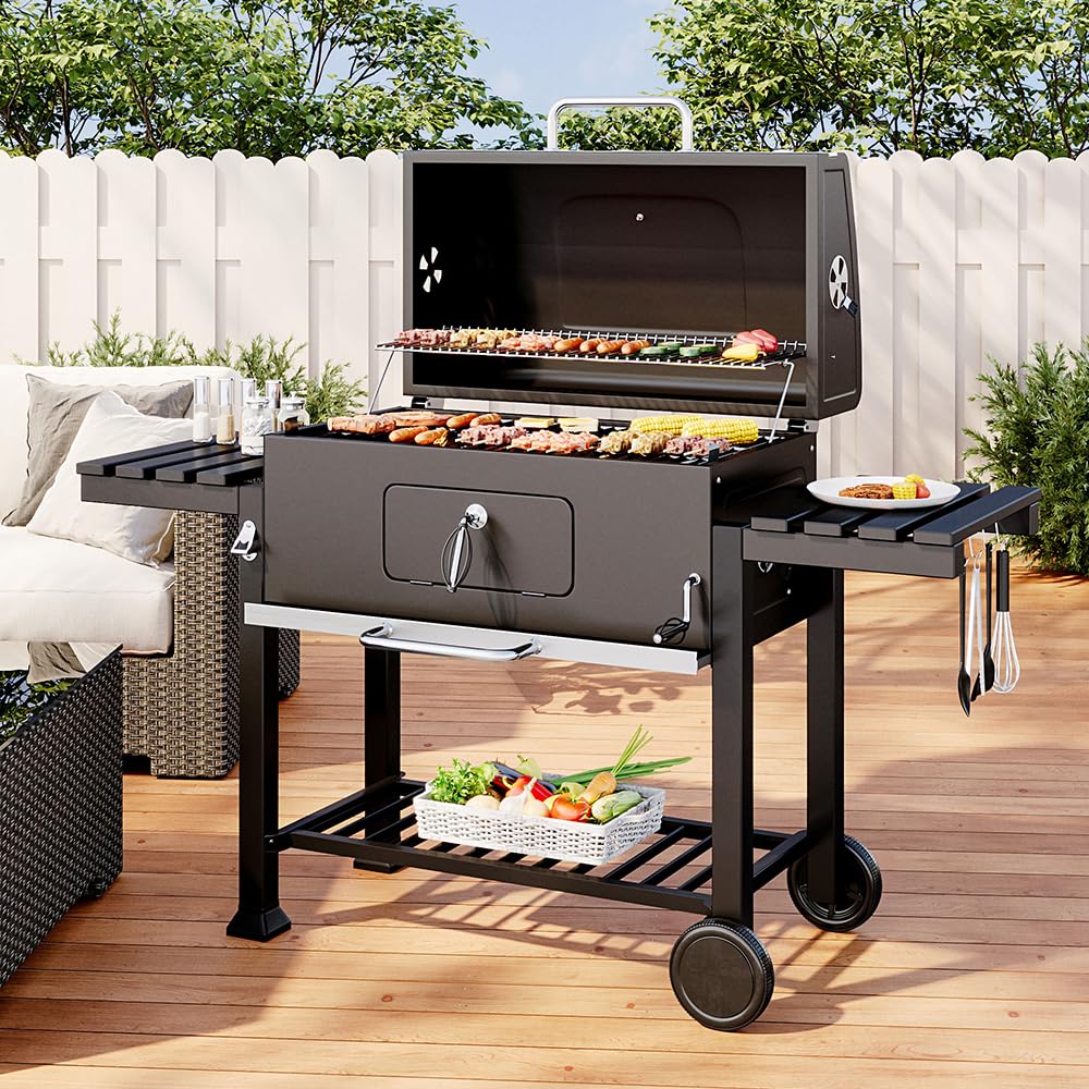 XXXL Smoker Charcoal BBQ, Portable Barbecue Grill with Wheel & 2 Folding Table, Thermometer & Adjustable Charcoal Pan, Large Outdoor BBQ Grill Smoker for Patio Home Garden Cooking