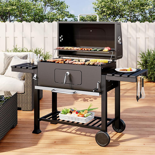 XXXL Smoker Charcoal BBQ, Portable Barbecue Grill with Wheel & 2 Folding Table, Thermometer & Adjustable Charcoal Pan, Large Outdoor BBQ Grill Smoker for Patio Home Garden Cooking