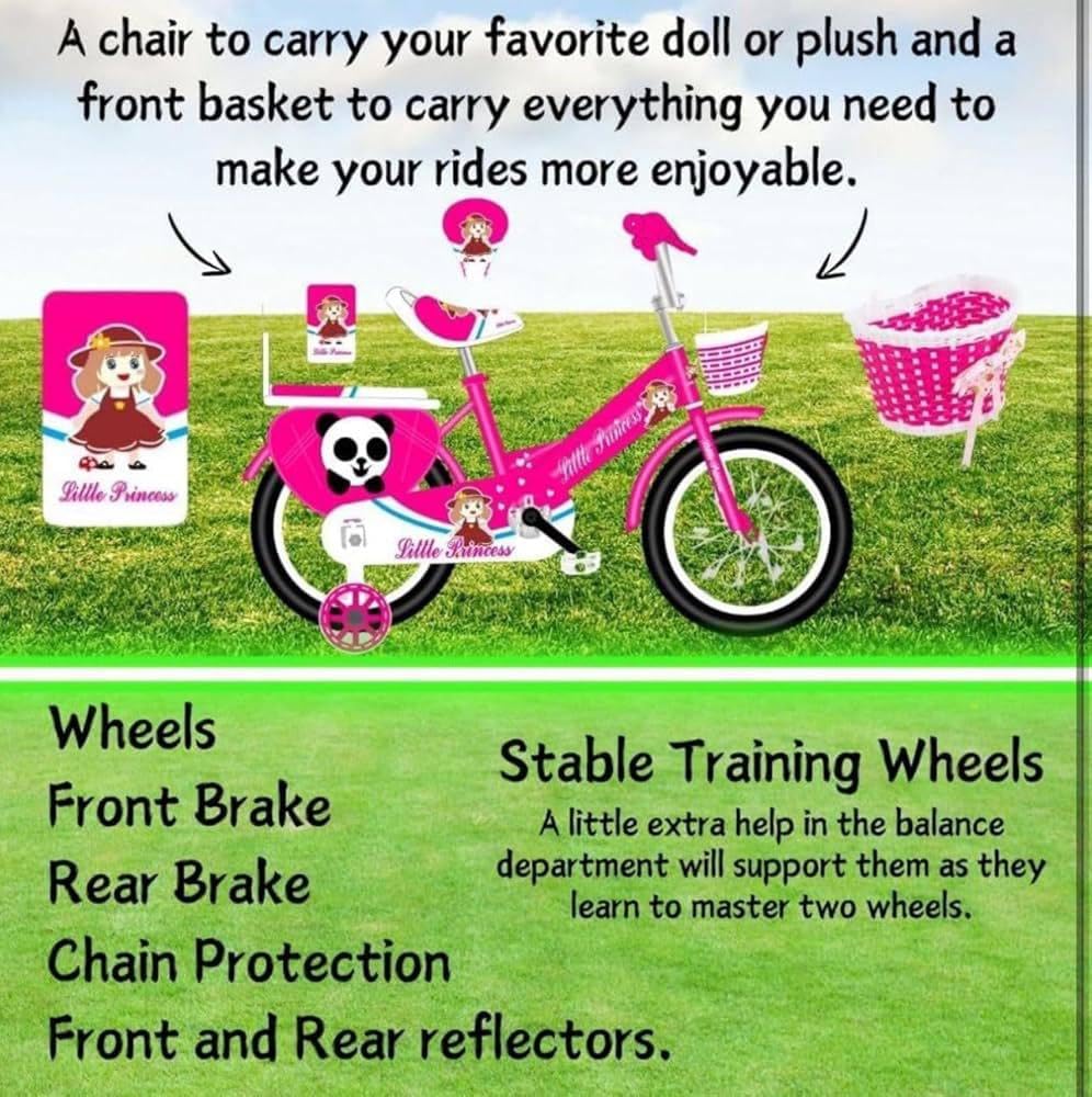 Pink Girls Bike 16" with Stabilisers, Basket & Bell — Adjustable Seat & Handlebars
