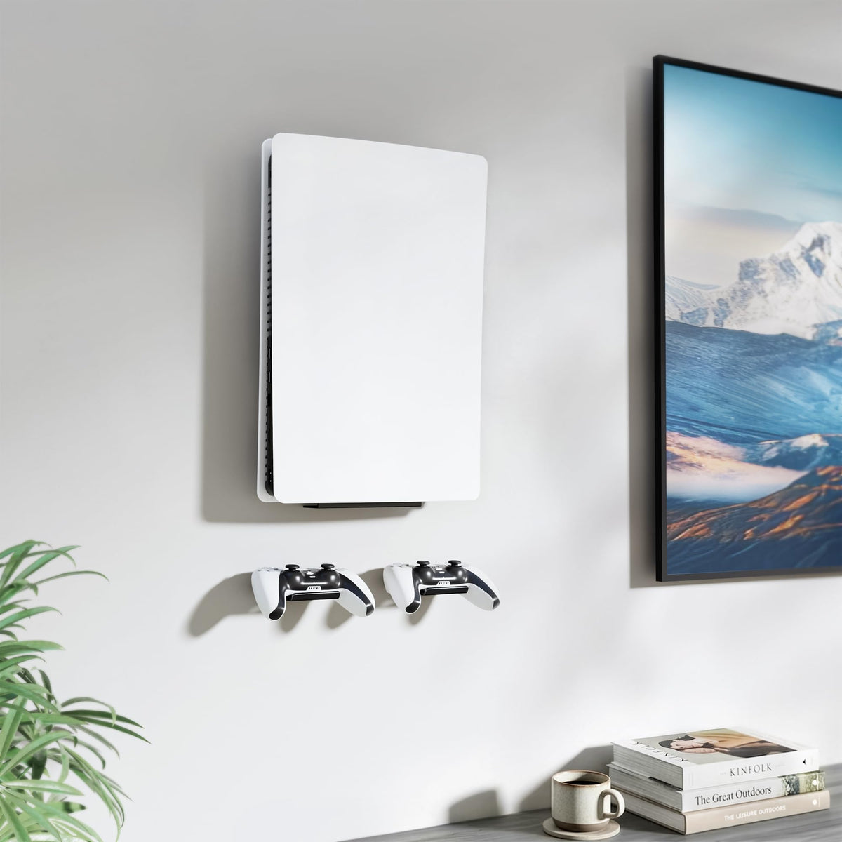 pickpiff PS5 Wall Mount Bracket, Compatible with All PlayStation 5 Models (Disc, Digital, Slim & Pro), Adjustable Console Holder with 2 Controller Holders, White