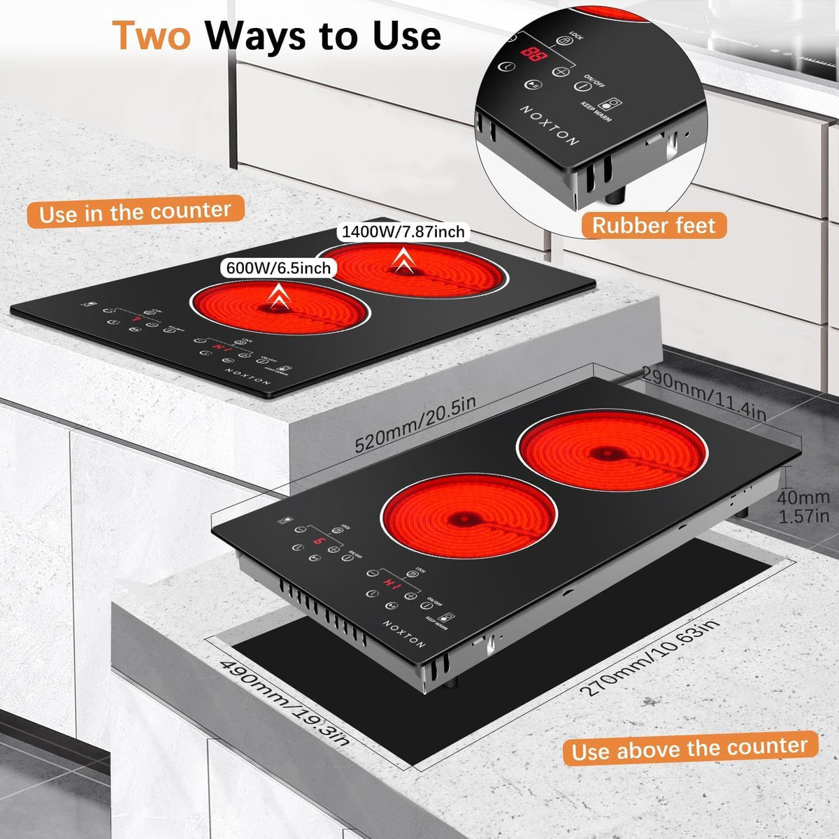 Noxton 2 Zone Ceramic Hob 30cm Electric Hob with Timer, Safe Lock, Pause Coutertop Use Hob with 13AMP Plug 2800W