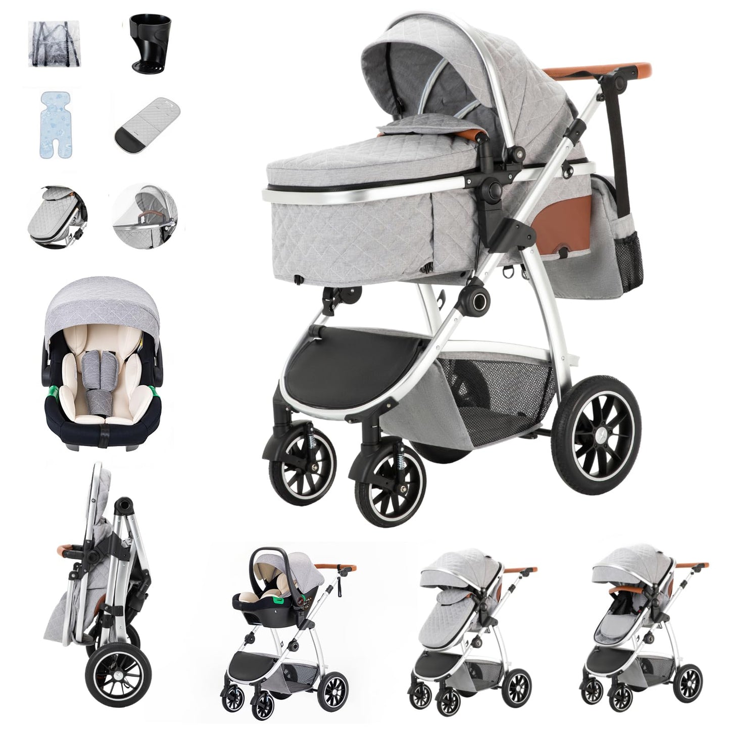 Zkipm Baby Pram 3 in 1, Foldable Baby Stroller,Pram Set Travel with Adjustable-Height Push Handle, Present Rain Cover, Mosquito Net, Bag, Cooling Mat, ect for Ages 0–3
