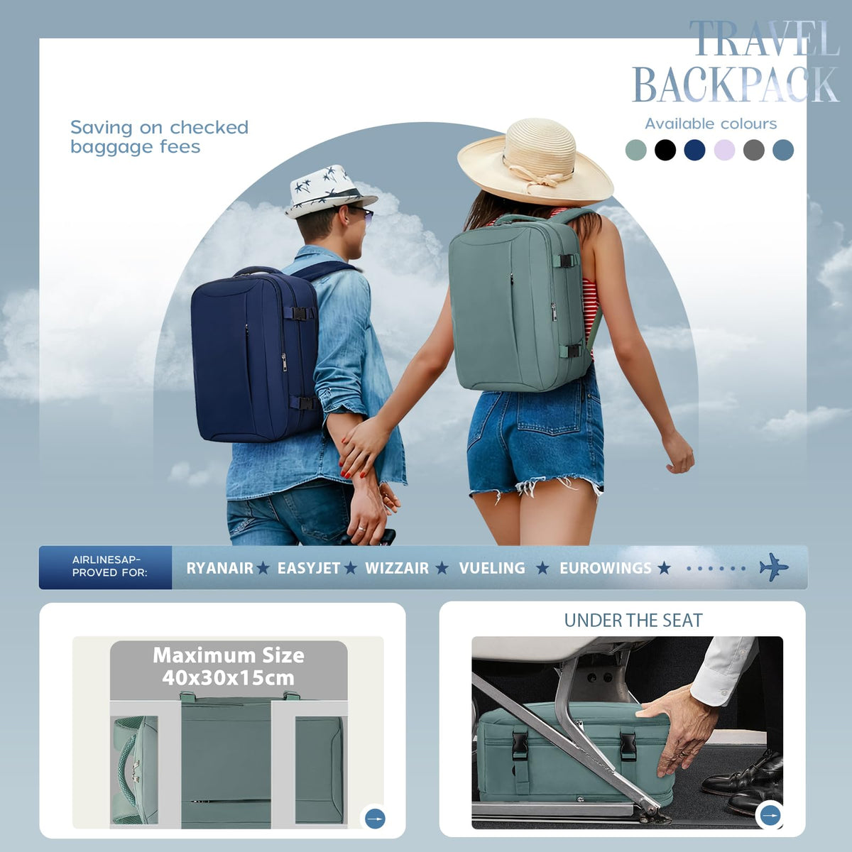 Xkdoai for Ryanair Cabin Bags 40x30x20,Backpack with TSA Approved Clear Bag