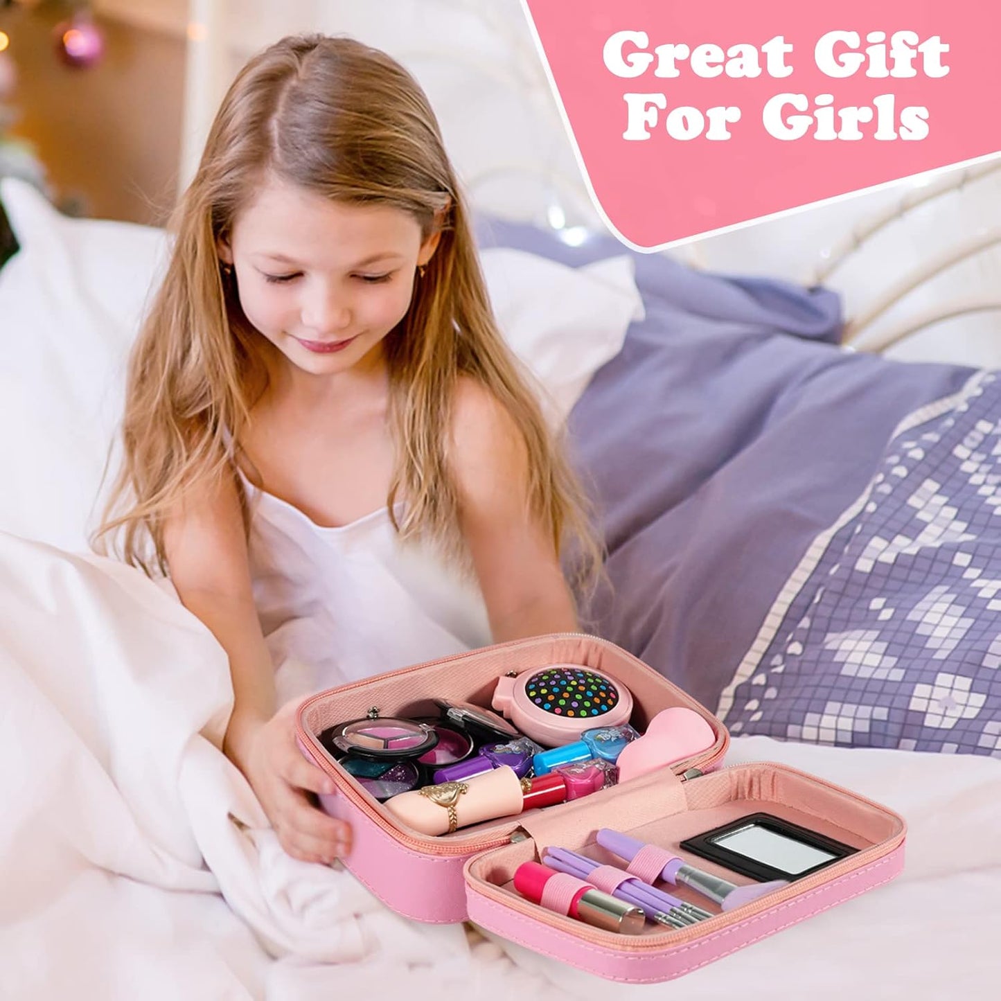 kizplays Makeup Toys for Girls, Kids Make up Kit Toy, 27 Pieces Real Washable Cosmetic Set, Play Makeup Set Gift for 3 4 5 6 7 Years Old