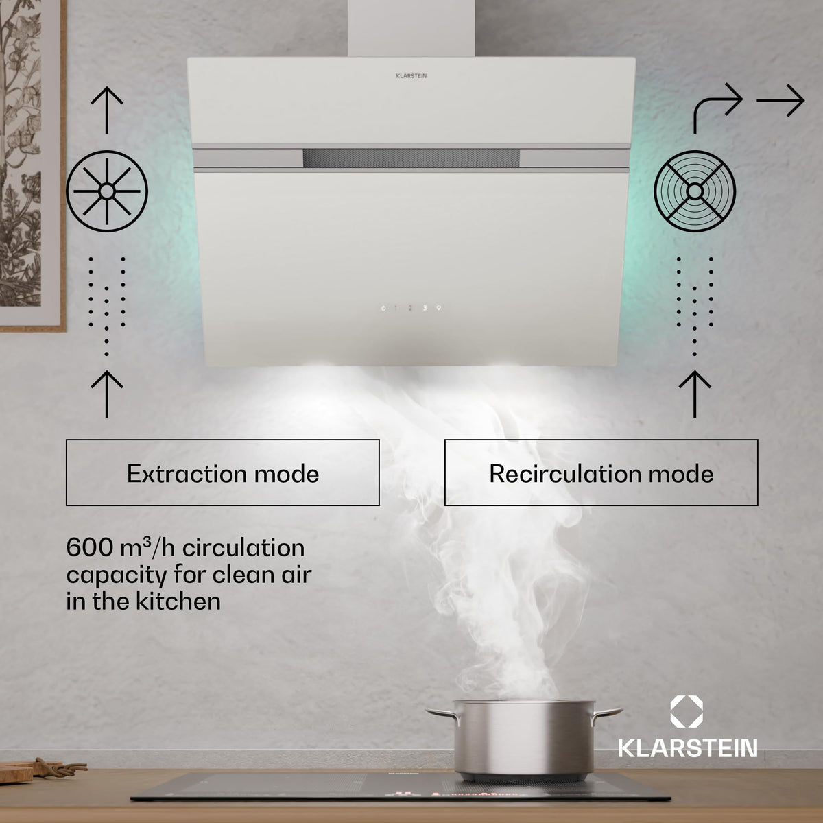 Klarstein Alina 90 Angled Cooker Hood - 615m³/h Air Flow, Touch Panel, LED Backlighting, Quiet 63dB, Energy Class A, 90cm Extractor Hood, Black