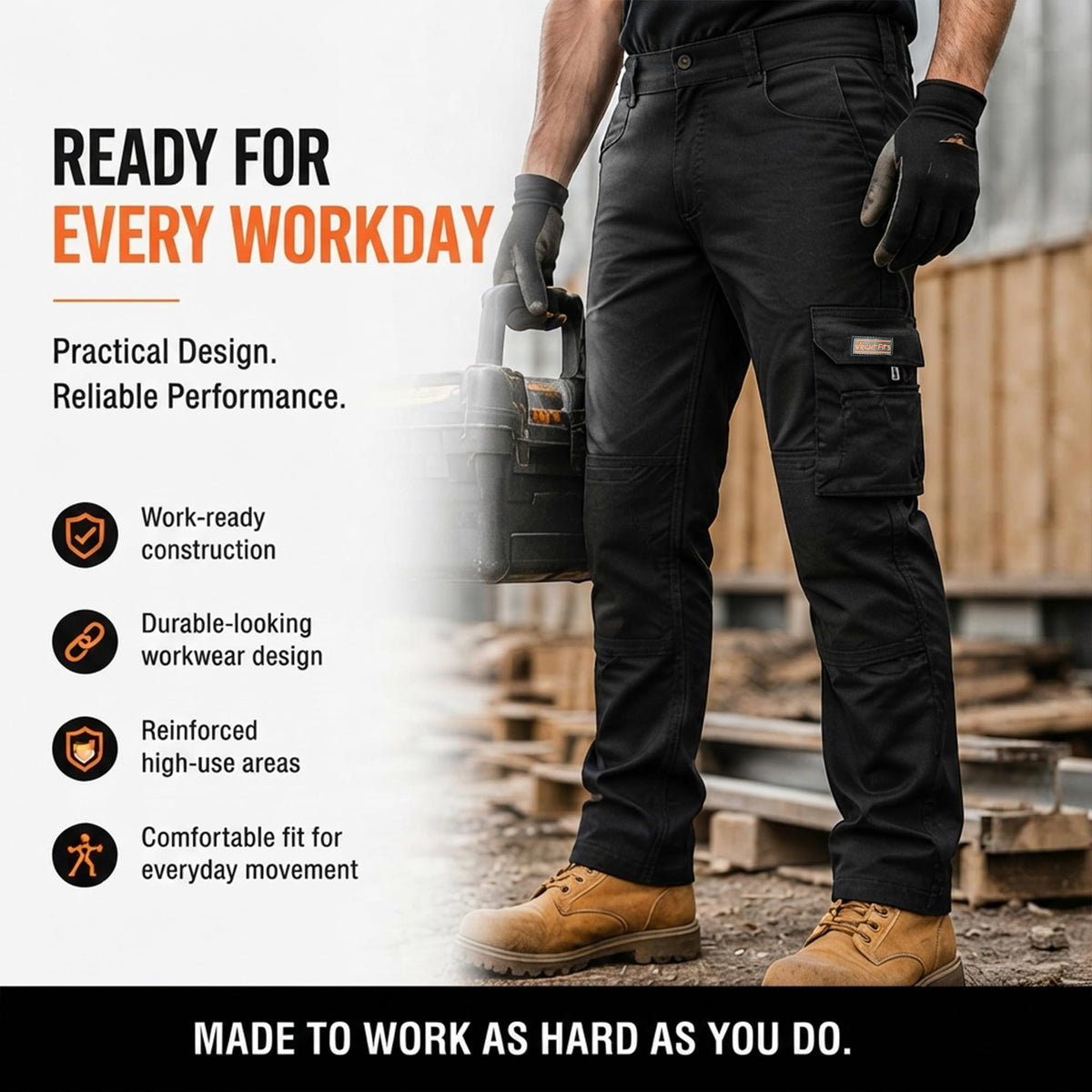 WrightFits Men Pro-11 Work Trousers Black - Heavy Duty Safety Combat Cargo Pant - Multi Pockets & Knee Pad Pockets - Triple Stitched -Durable Work wear (28W-48W)