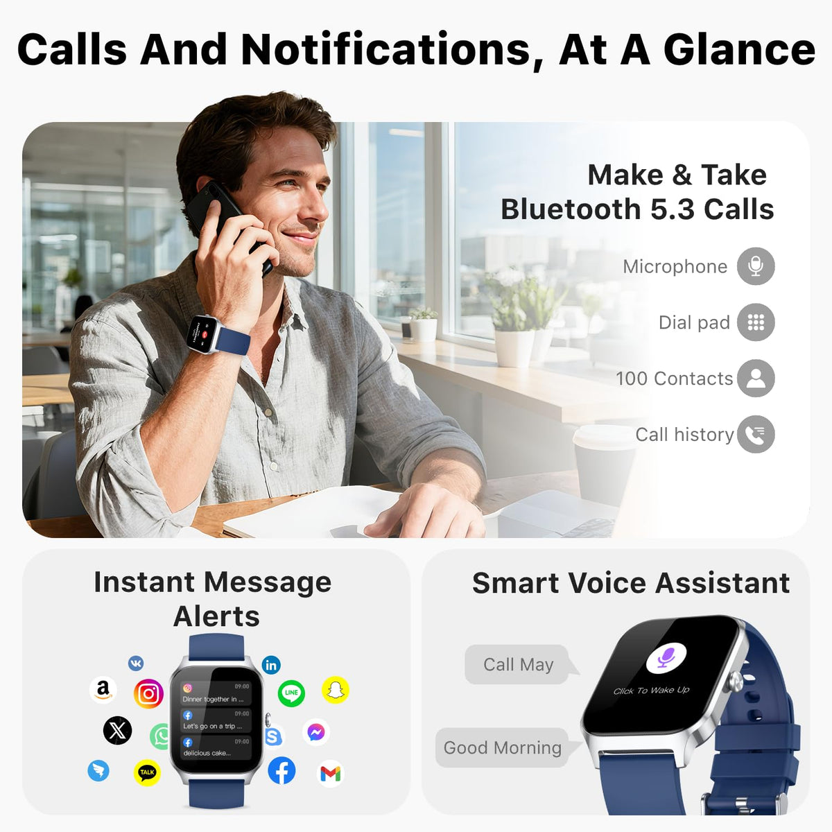 Smart Watch for Women Men - Answer/Make Call, Fitness Tracker Smartwatch for Android iPhone Compatible, Sleep Female Cycle, 120+ Sports Modes Step Counter (Blue, 2 Straps)