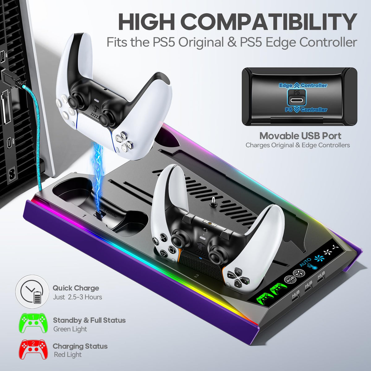 Rysker PS5/Slim/Pro Stand, PS5 Cooling Station Built-in 3-Level Cooling Fan & Fast Charger for Disc & Digital, PS 5 Accessories with Safety Screw and Headset Holder