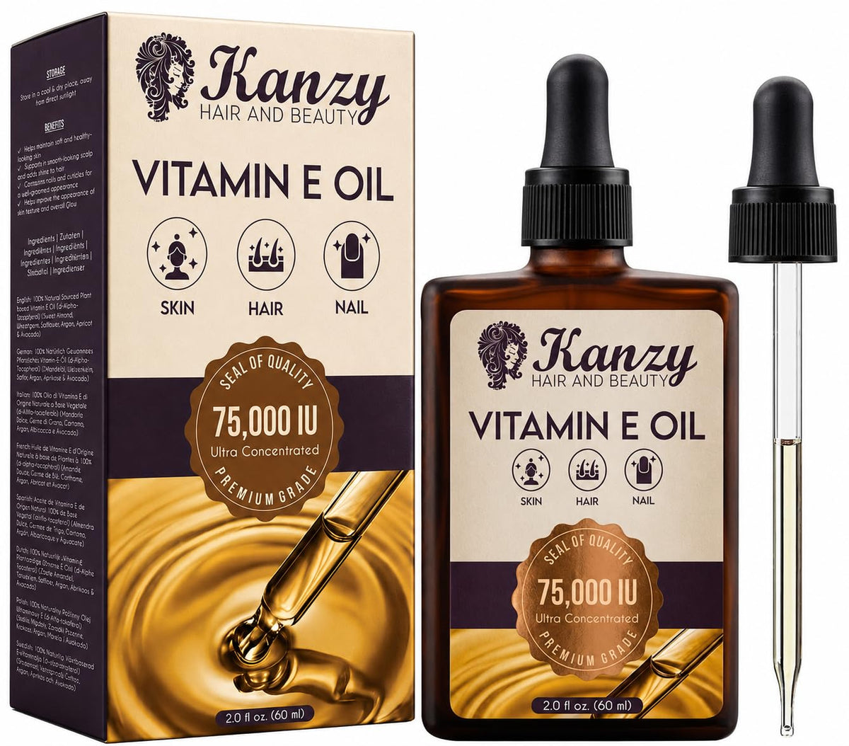 Kanzy Vitamin E Oil for Skin, Hair, Lips and Face - Naturally Sourced Multi-Purpose Plant-Based Vitamin E Oil for Hair Growth as Skincare and Haircare Product for both Men and Women (30 ml)