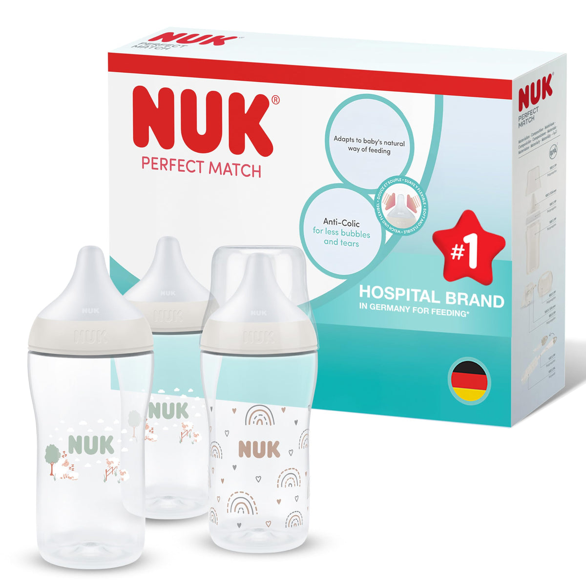 NUK Perfect Match Newborn Baby Bottle Set | 0+ Months | 150ml | Anti Colic Feeding Bottle | PP | Temperature Control Indicator | Rainbow | 4 Count