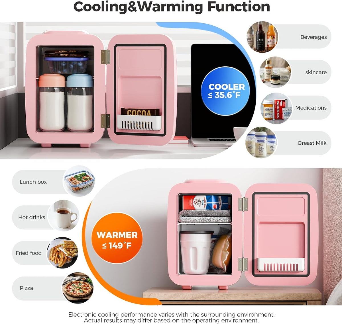 YASHE Mini Fridge, 4 Liter/6 Cans Portable Cooler and Warmer, AC/DC Power Small Fridge, Quiet Desk Skincare Fridge for Beauty Drinks Medicine, Mini Fridge for Bedrooms Office Dorm Car Travel, Pink